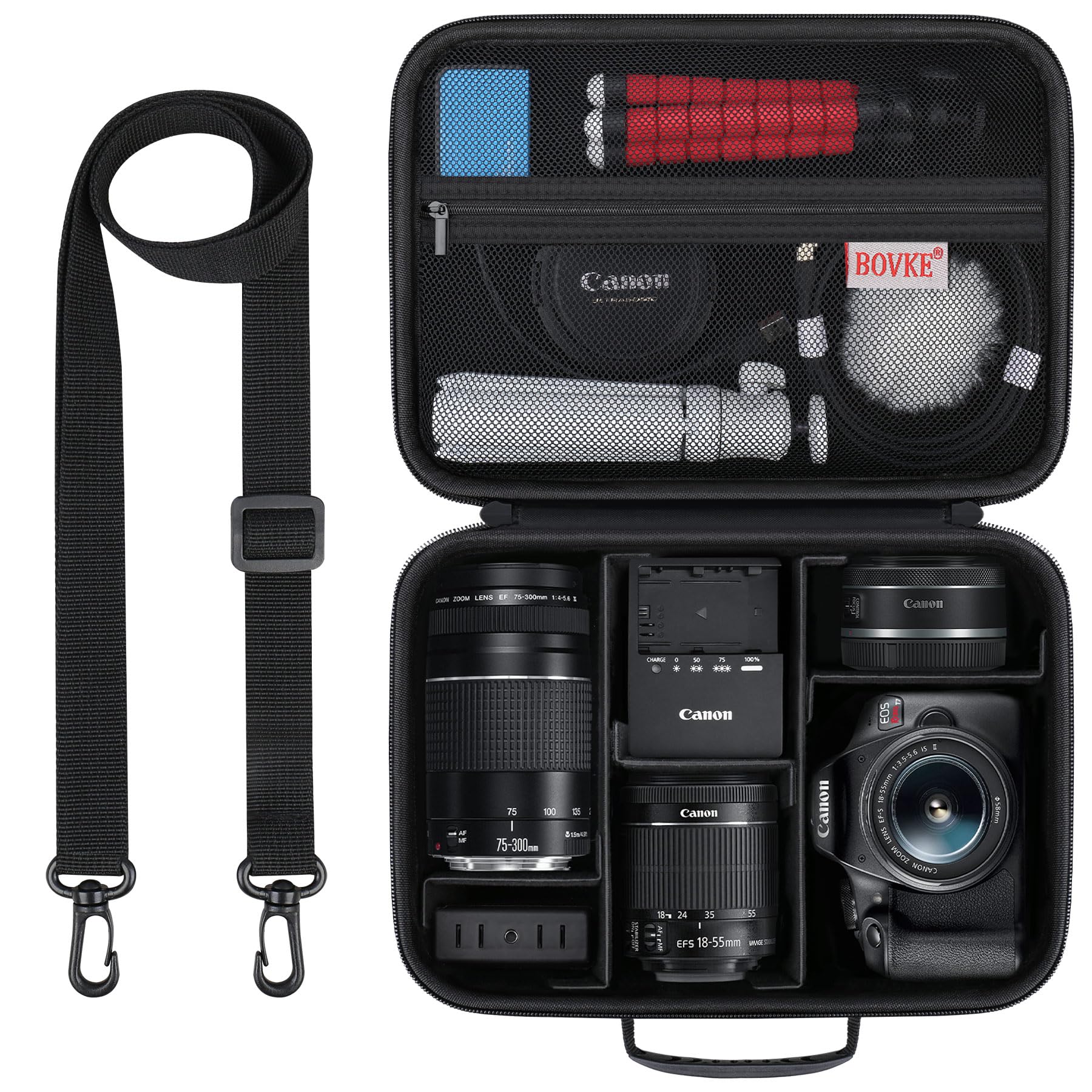 BOVKE Etui pour Canon EOS 2000d/R50/R6 Mark II/R100, étui de Rangement pour Appareils Photo Reflex Numériques Canon, Sony, Nikon, trépieds et Accessoires, bandoulière avec 5 séparateurs, Noir