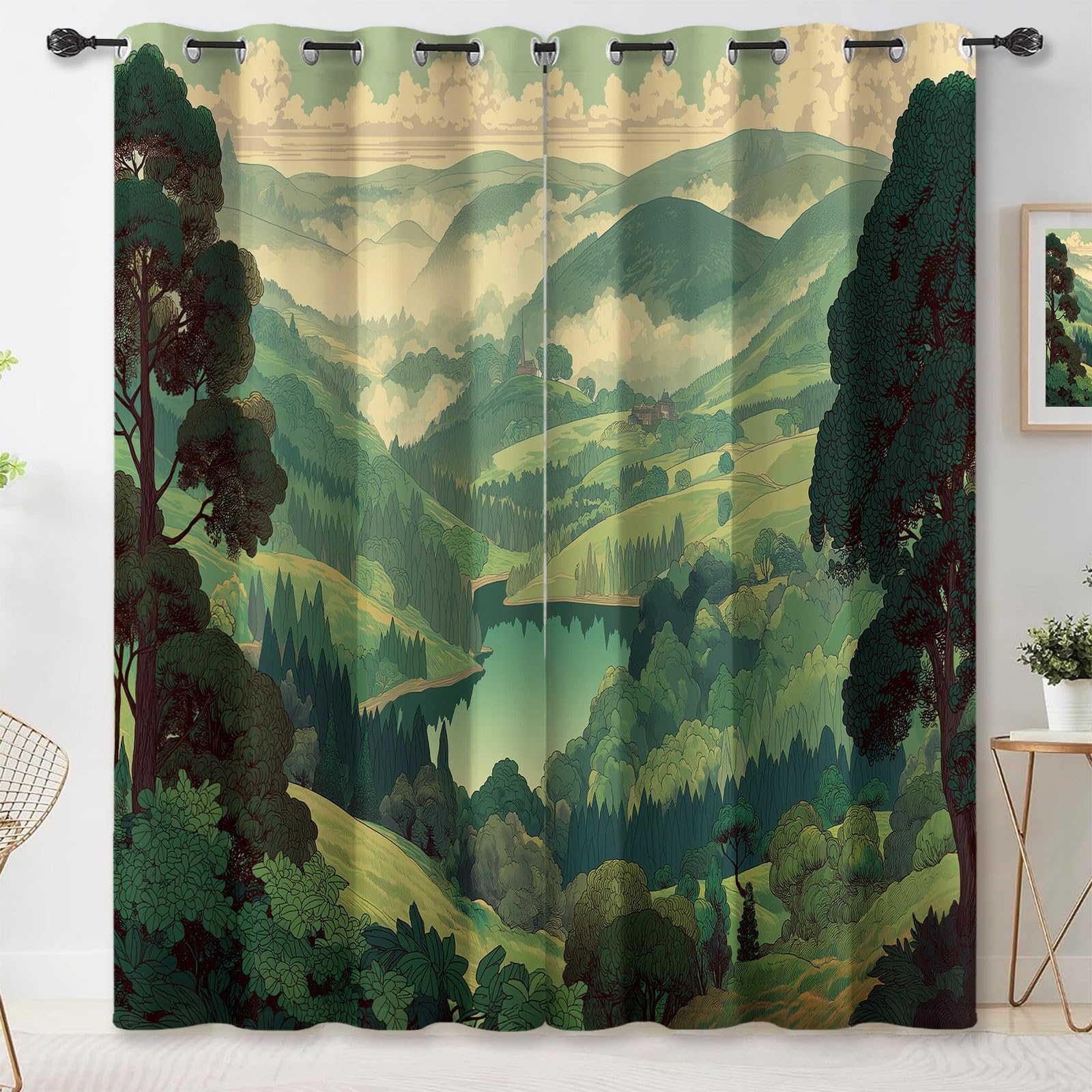 Zasłony zaciemniające 91,5 l x 160H cm (2 panele), styl kreskówkowy leśne wzgórza, draperie zapobiegające nagrzewaniu do pokoju dziecięcego, zielone