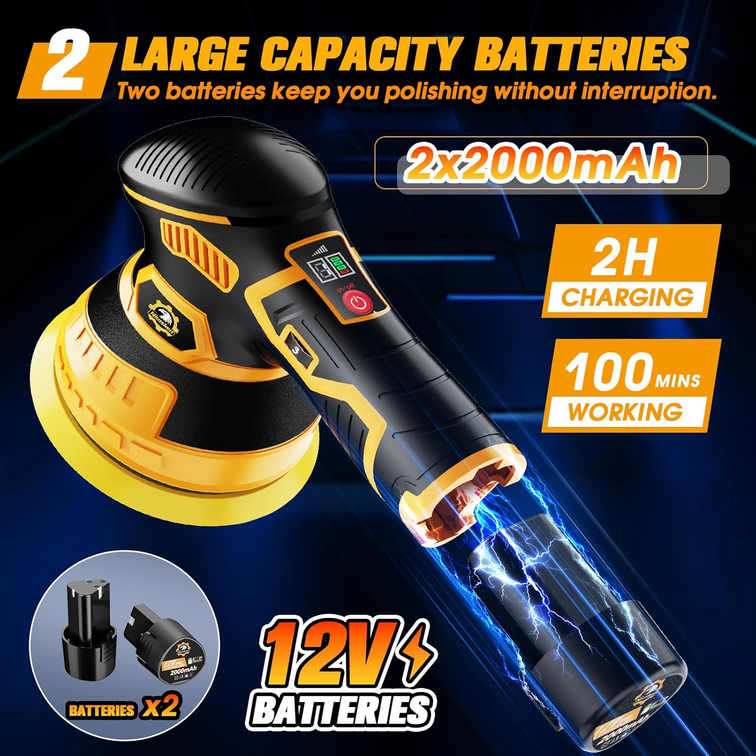 5 Inch Cordless Car Buffer & Polisher Kit [2x 2000mAh 12V Batteries & 18 PCS Attachments] 6-Speed Orbital Design, LED Display, Lightweight Detailing Tool for Waxing, Polishing - Yellow