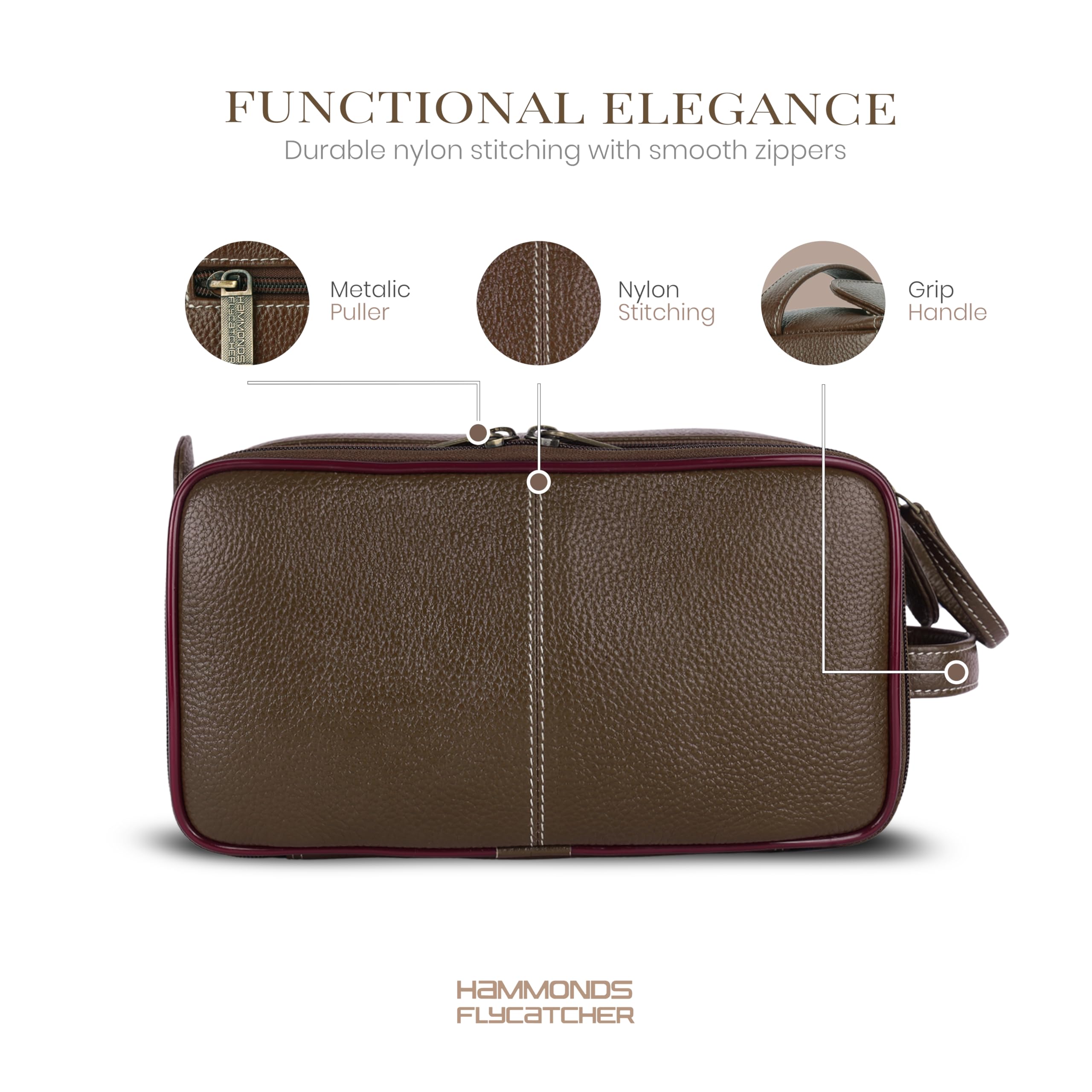 HAMMONDS FLYCATCHER Leatheropp Rasiertasche aus echtem Leder, Reise-Kulturbeutel, Hygiene und Pflege, Kitganizer, tierversuchsfreies Leder und handgenähter Kosmetikkoffer, Reisig, S