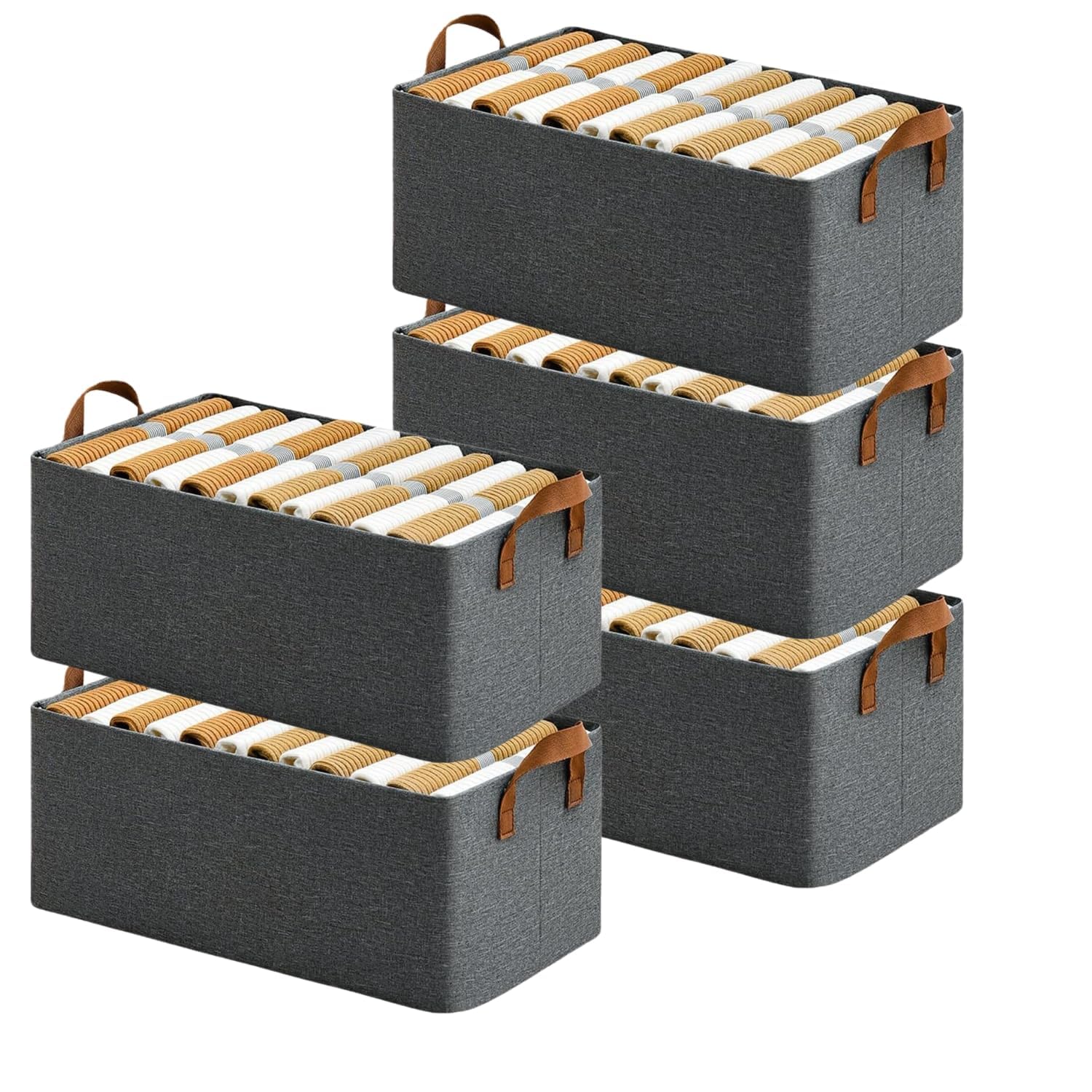 DAREV Wardrobe Organizer for Clothes with Metal Frame Rectangle Storage Baskets for Clothing Fabric Storage Box with Handles Shelf Basket for Storage Clothes Pants Jeans (Pack of 5, Grey)