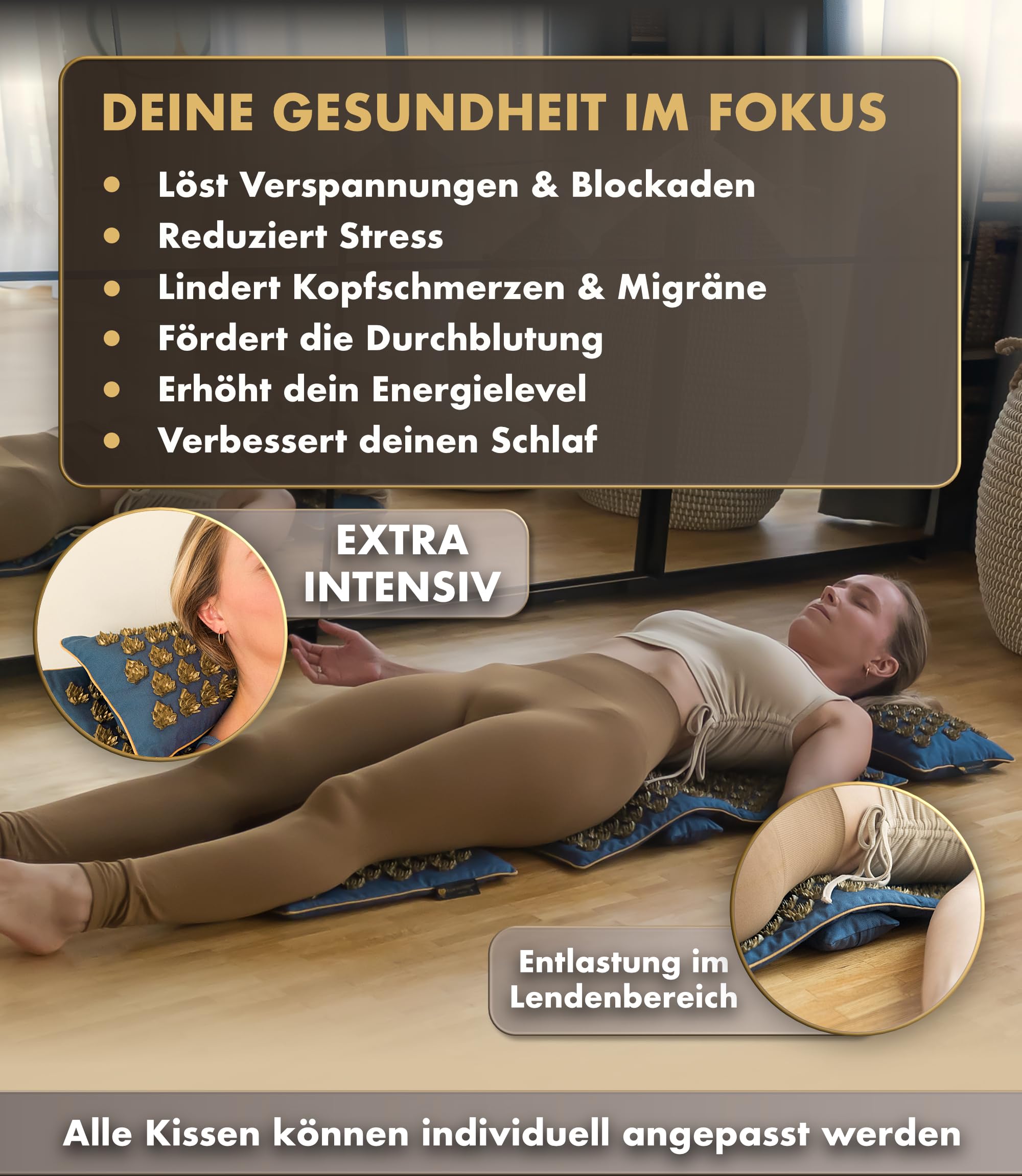 CALM ELEPHANT ORIGINAL® Akupressurmatte mit Kissen XXL Set MANDALA PRO 5-teilig Massagematte Rücken Akupunktur Matte blau