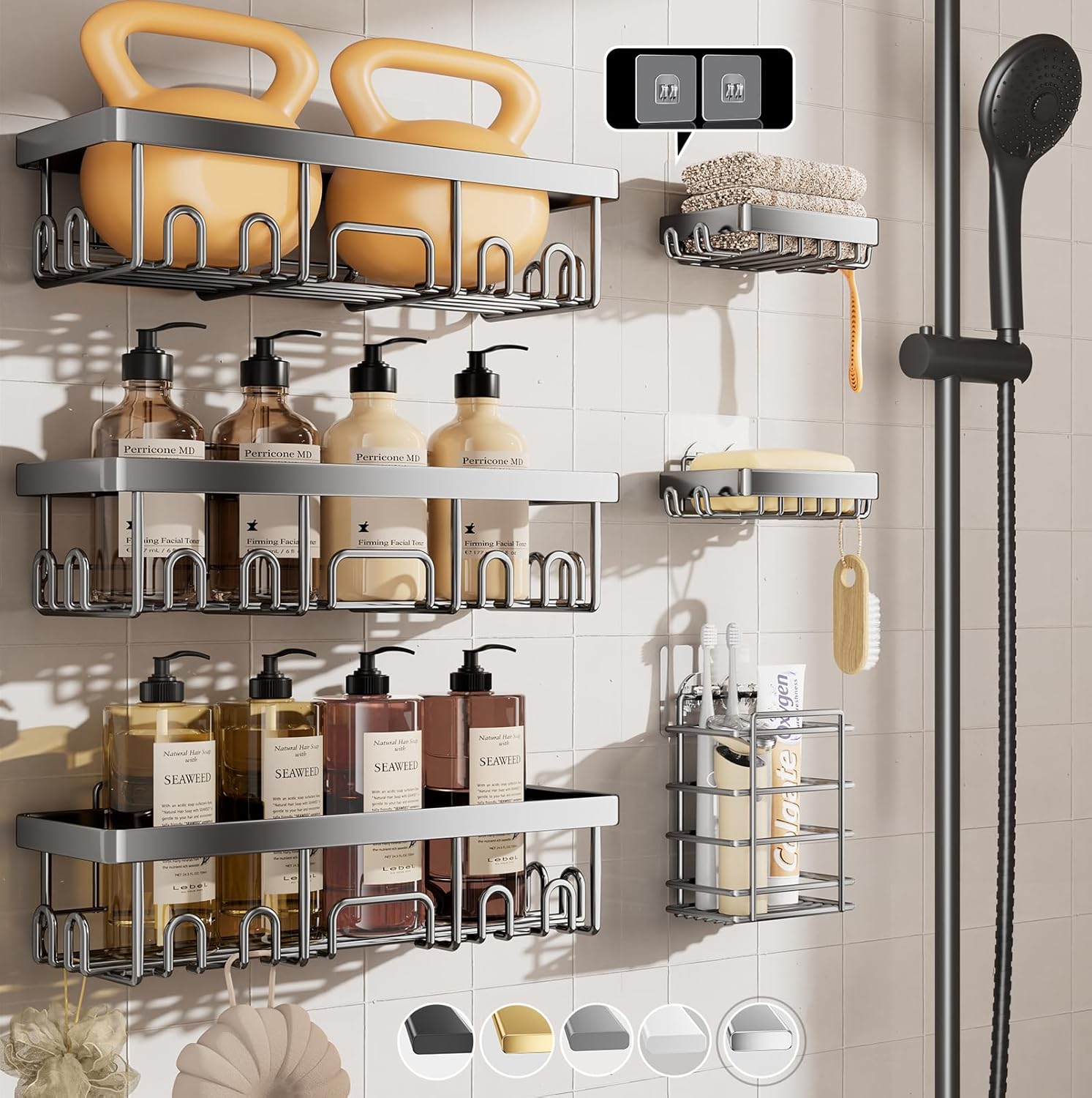 Veken Stainless Steel Shower Caddy 6-Pack, Ideal for Gift, Large Wall Mounted Shower Rack, Bathroom Shelves Over Toilet, Organizer Storage Accessories with Soap Dish & Toothbrush Holder, Silver