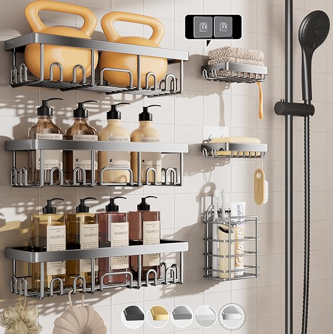 Veken Stainless Steel Shower Caddy 6-Pack, Ideal for Gift, Large Wall Mounted Shower Rack, Bathroom Shelves Over Toilet, Organizer Storage Accessories with Soap Dish & Toothbrush Holder, Silver