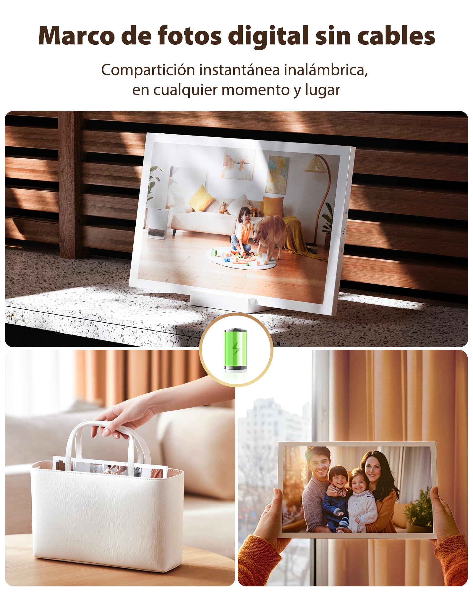 64G Frameo WiFi 10.1" Marco de Fotos Digital, Recargable e Inalámbrico con Batería 5000mAh, Base de Carga Inalámbrica, Pantalla Táctil HD IPS, Auto-Rotación, App Frameo