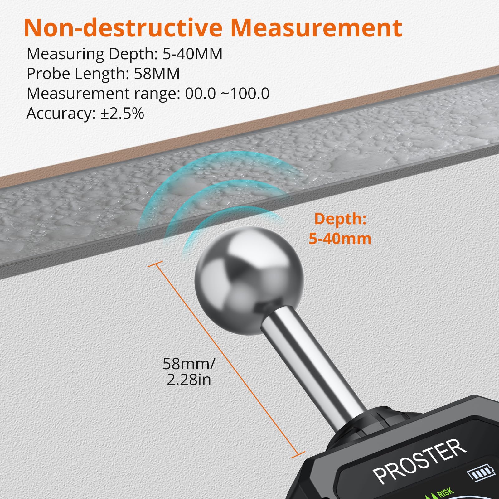 Proster Feuchtigkeitsmessgerät Wand Kugelform Sphärisches wiederaufladbares Feuchtemessgerät Mauerwerk mit LCD Bildschirm für Wände Mauerwerk 0-40mm Analysetiefe (Schwarz Orange)