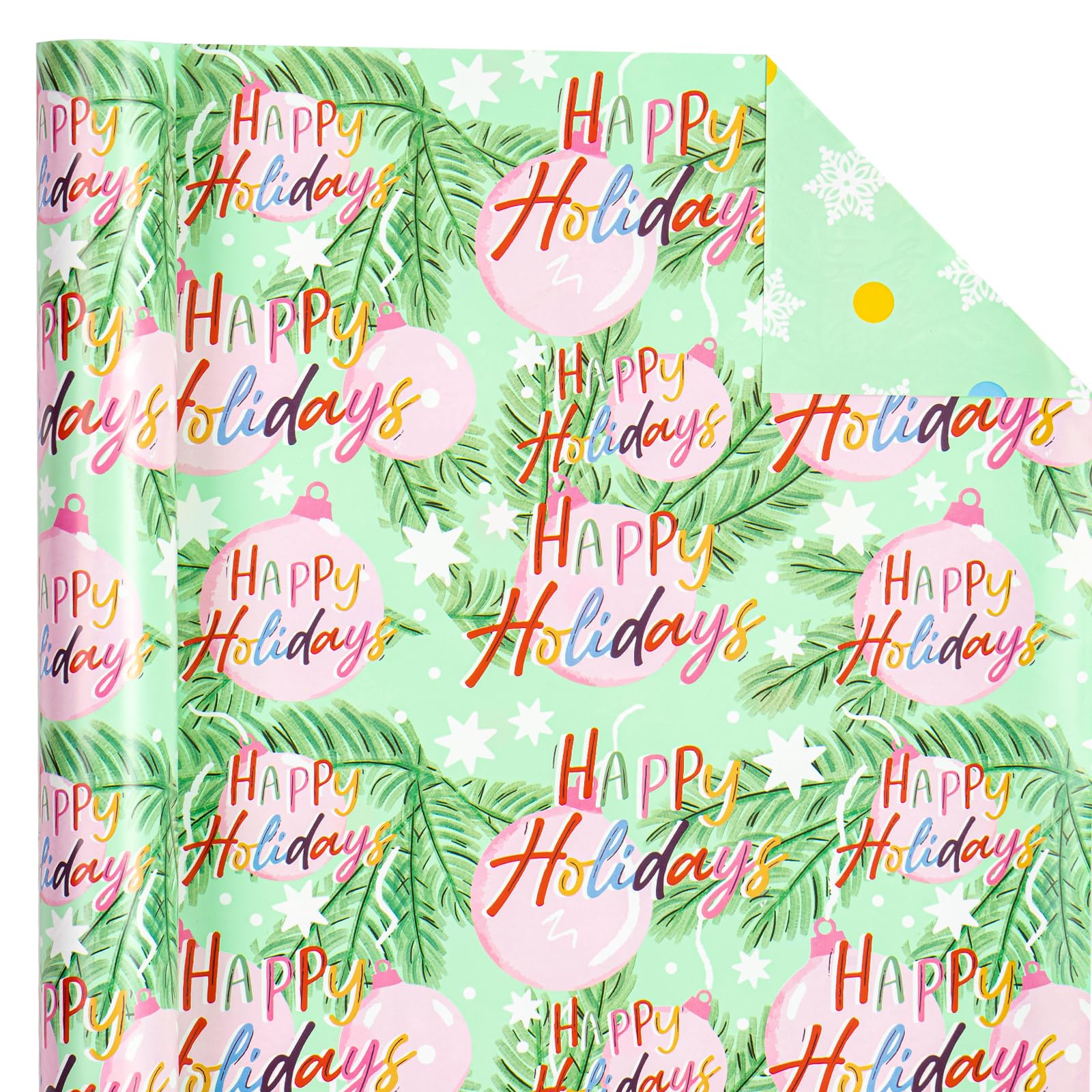 WRAPAHOLIC Reversible Christmas Wrapping Paper - Mini Roll - 17 Inch X 33 Feet - Happy Holiday Lettering with Christmas Ball Design for Chrsitmas, Holiday, Party Celebration - Image 3