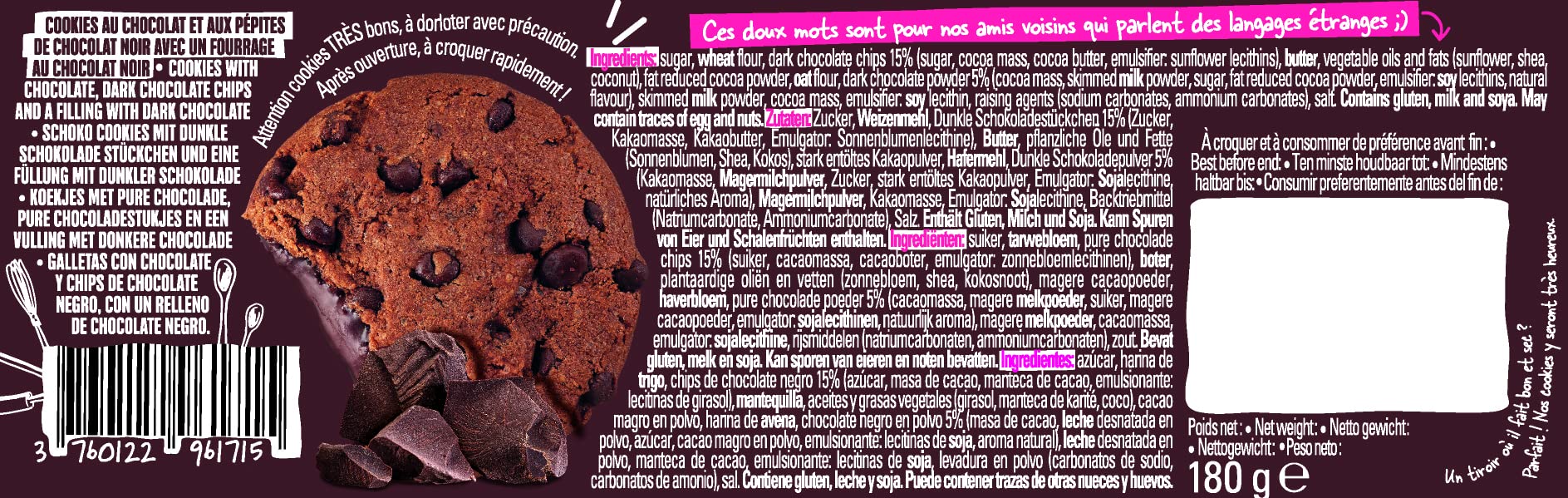 Michel et Augustin - Cookies Cœur Fondant au Chocolat Noir et Pépites de chocolat - Cookies au Cœur Fondant - 180g Lot de 3