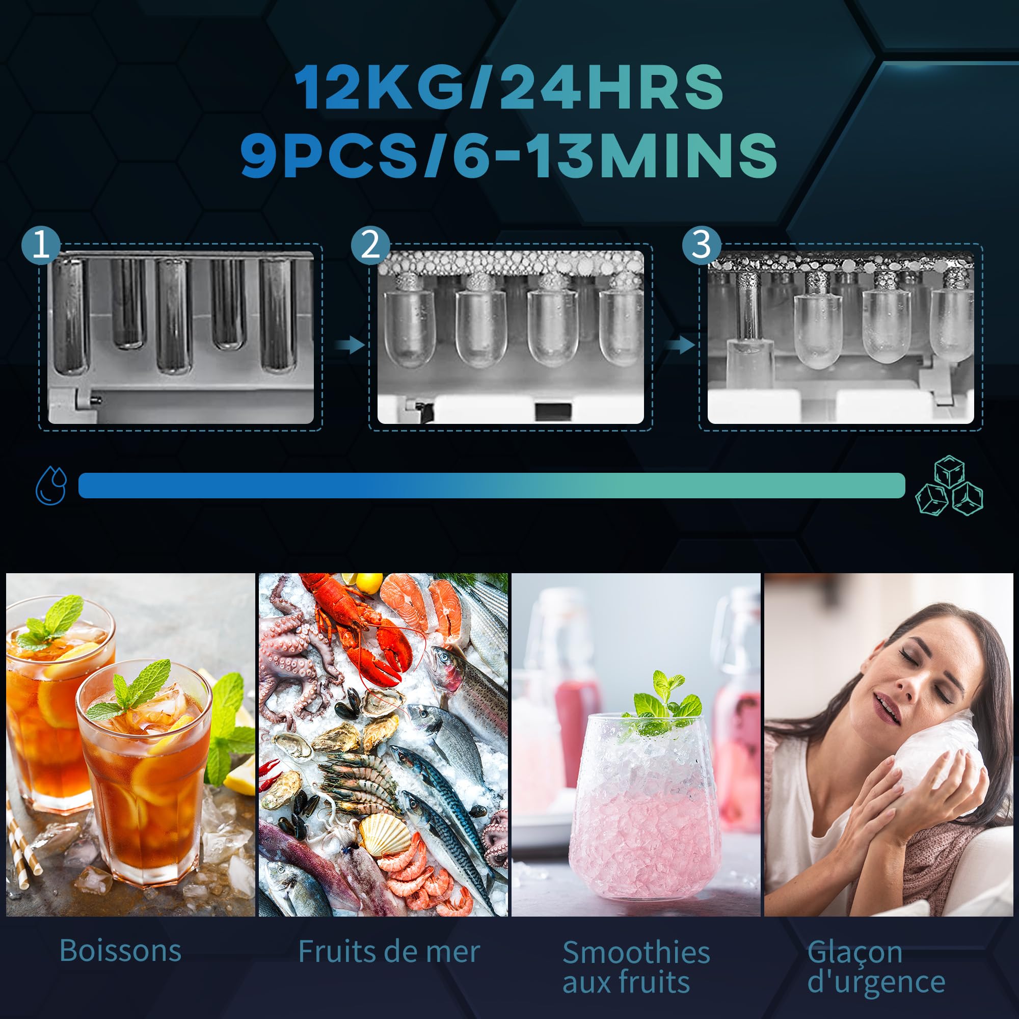 HOMCOM Machine à glaçons autonettoyante, 12kg en 24h, 9 glaçons en 6-13 minutes, ice maker Portable Avec Poignée, panier et pelle, pour la maison/cuisine/camping, noir
