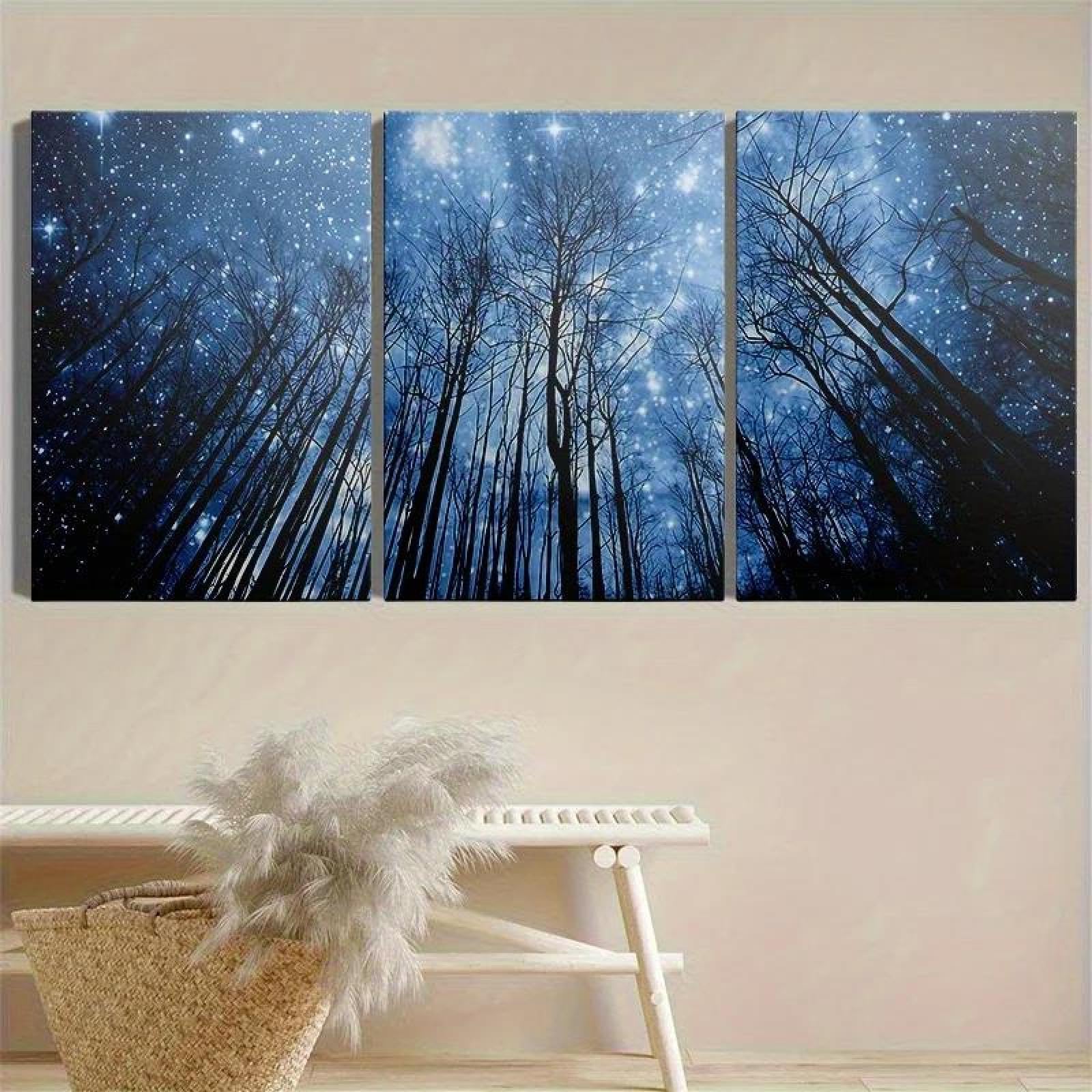 Yocheng 3PCS Canvas Wall Art -Night Sky Forest Triptych Canvas Art Prints, Bright Aesthetic Decoration For Living 21x30cmx3 No Frame