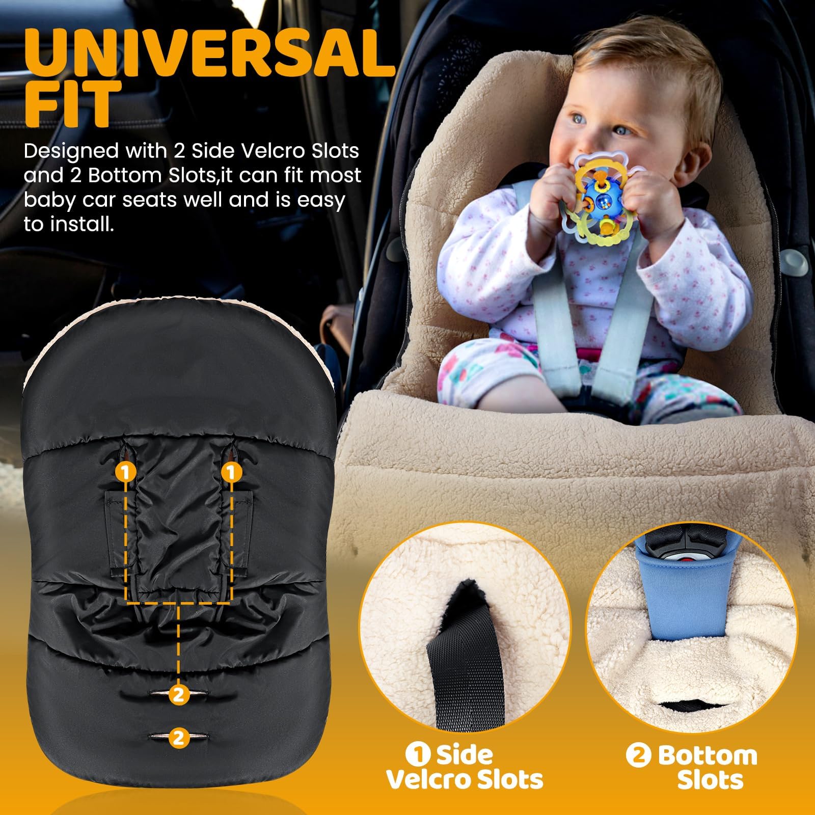 Orzbow Sacco Ovetto Invernale 0-6 Mesi, Regolabile Sacco Termico per Ovetto con Cerniere, Facile Accesso, Impermeabile Coperta Ovetto Neonato Invernale con Pile Berbero, Caldo, Nero