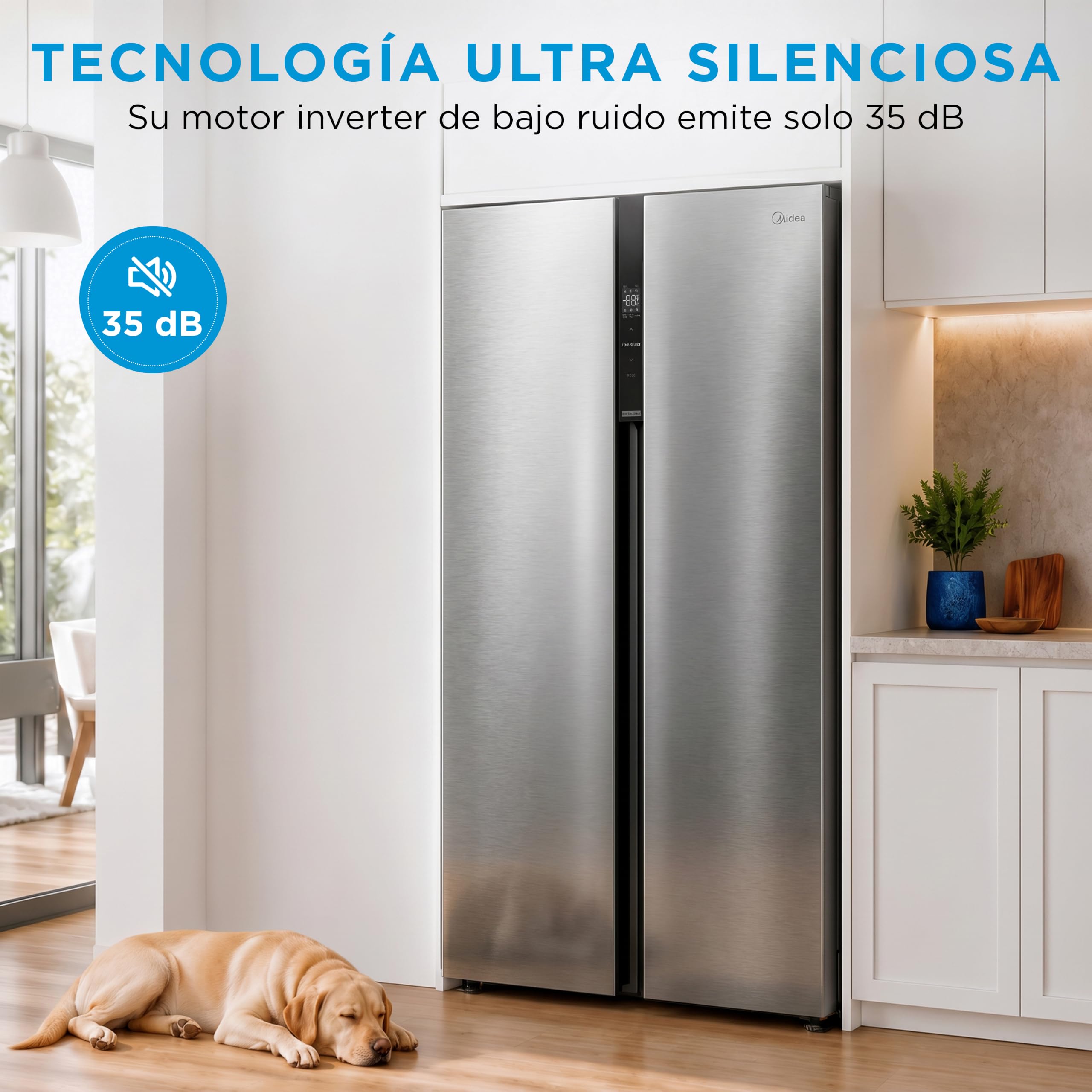 MIDEA Frigorifico Americano No Frost, 548L, 176 x 89,7 cm, Motor inverter | Nevera Americana con Congelador, Silencioso 35 db,Panel táctil, Multi air flow, Bajo consumo, Frigorifico combinado 3 modos
