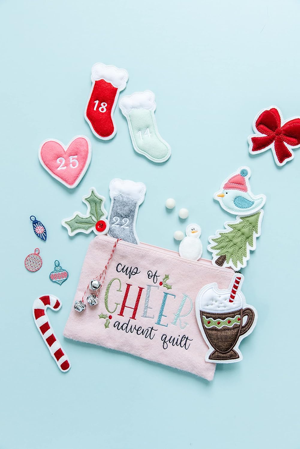 Kimberbell Cup Of Cheer Featured Quilt Machine Embroidery Design CD, 25 Interactive Designs, Complete Size 42x58”, 14 Advent Pieces, Easy Step-By-Step Instructions, Hoop Sizes: 4x4 & 5x7”, Made in USA