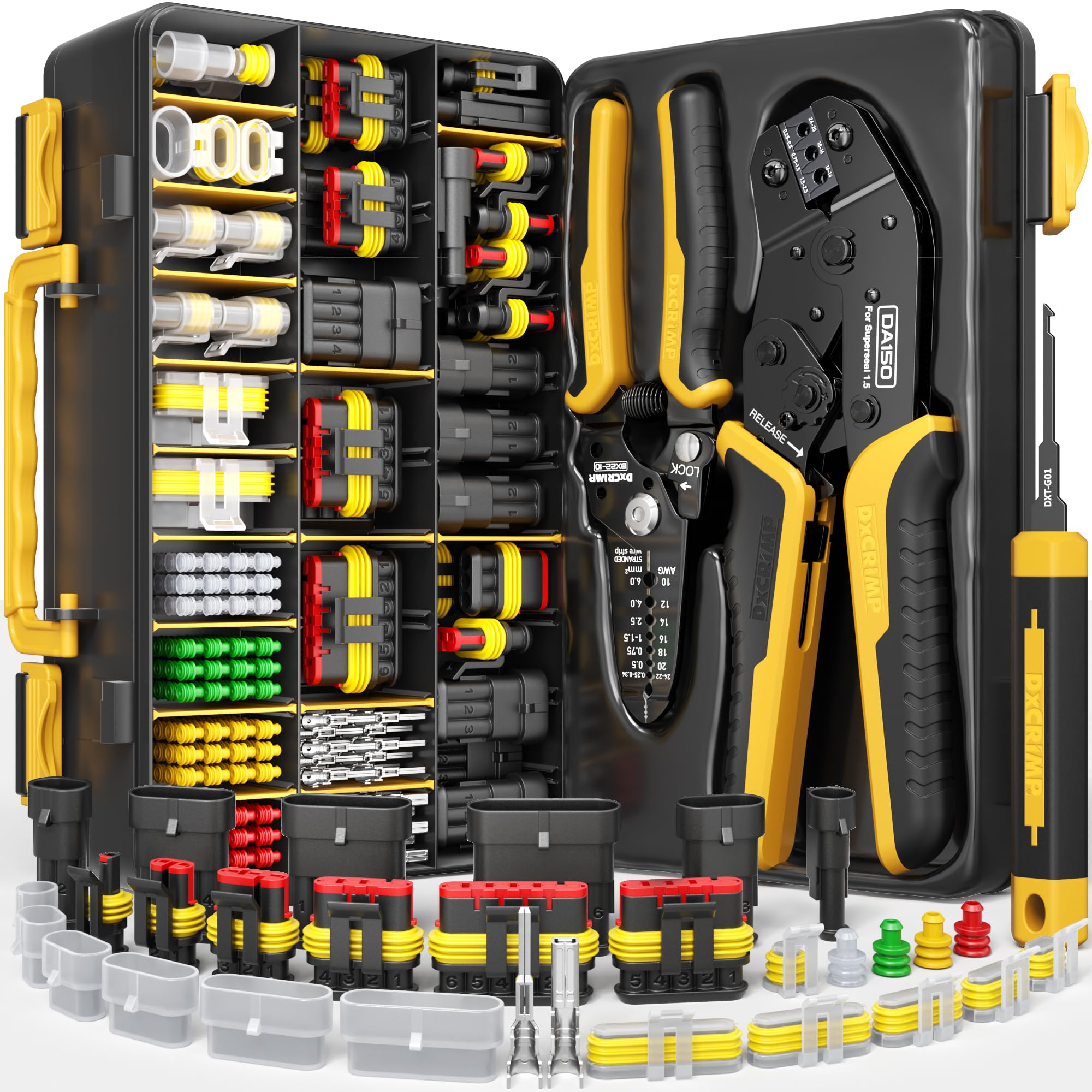 DxCRIMP Kit Connettori Elettrici Auto Impermeabili, 1-6 Pin, 3 Strumenti | Connettori maschio e femmina 0.25-2.5mm², crimpatrice, spelafili ed estrattore. Crea cablaggi IP67 per auto, moto e camion.