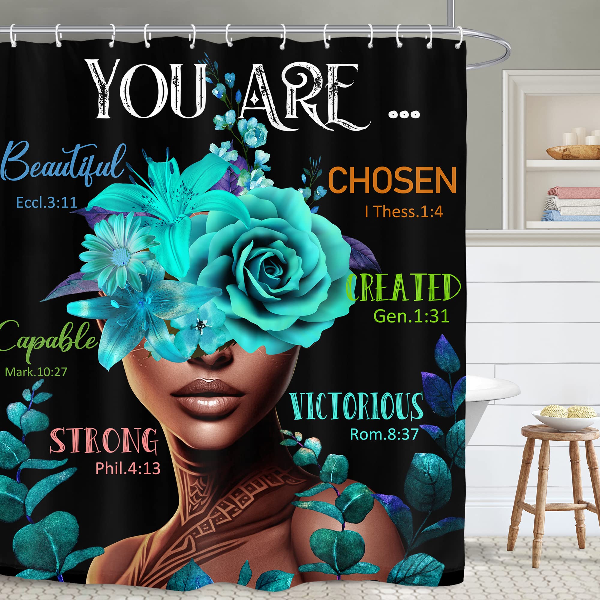 Yookeb African American Inspirational Bathroom Shower Curtain 60W by 71H Inch Black Girl Women Motivational Bible Quotes Positive Teal Flower