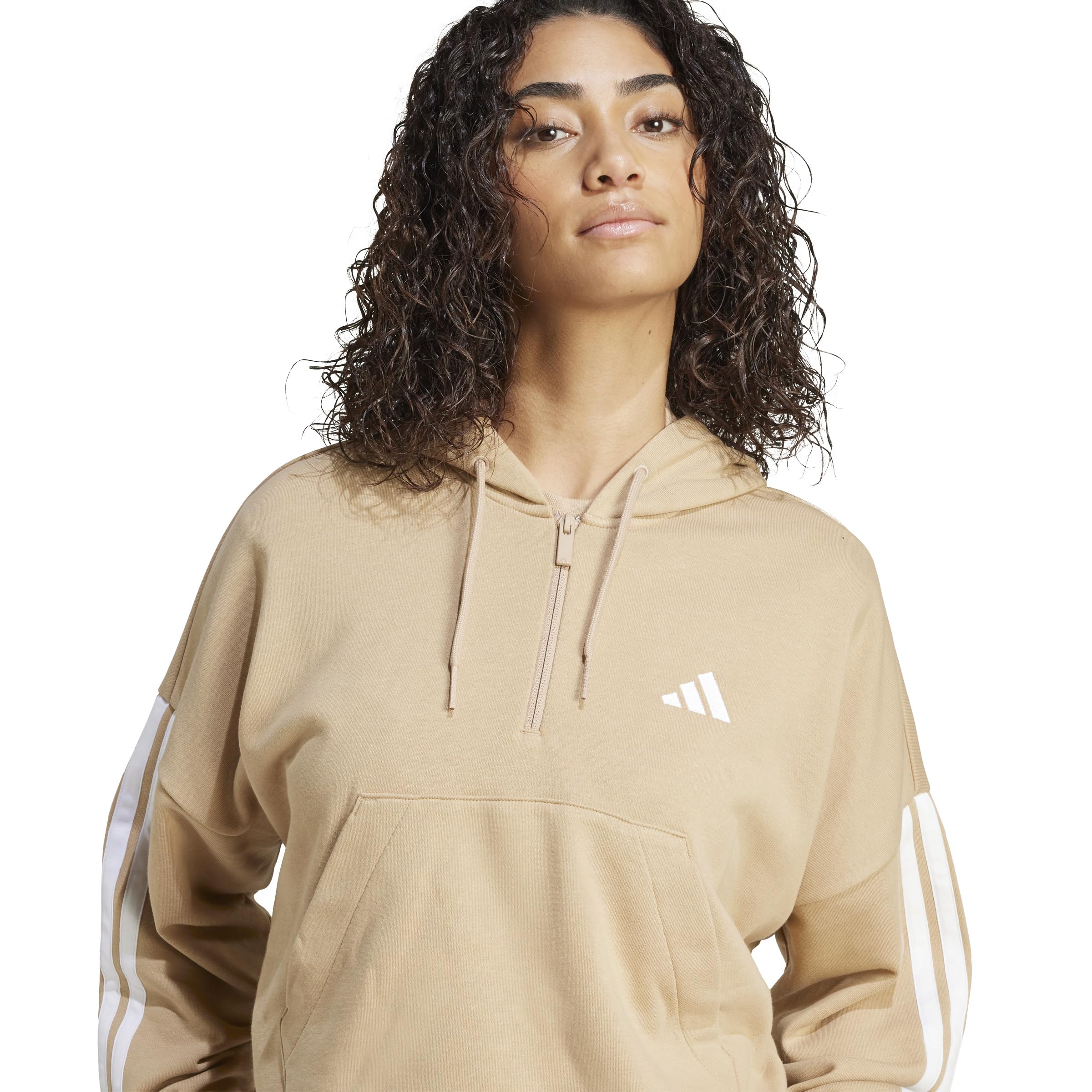 adidas Kobiety ESSENTIALS 3-STRIPES FRENCH TERRY QUARTER-ZIP HOODIE, warm sandstone/white, XL