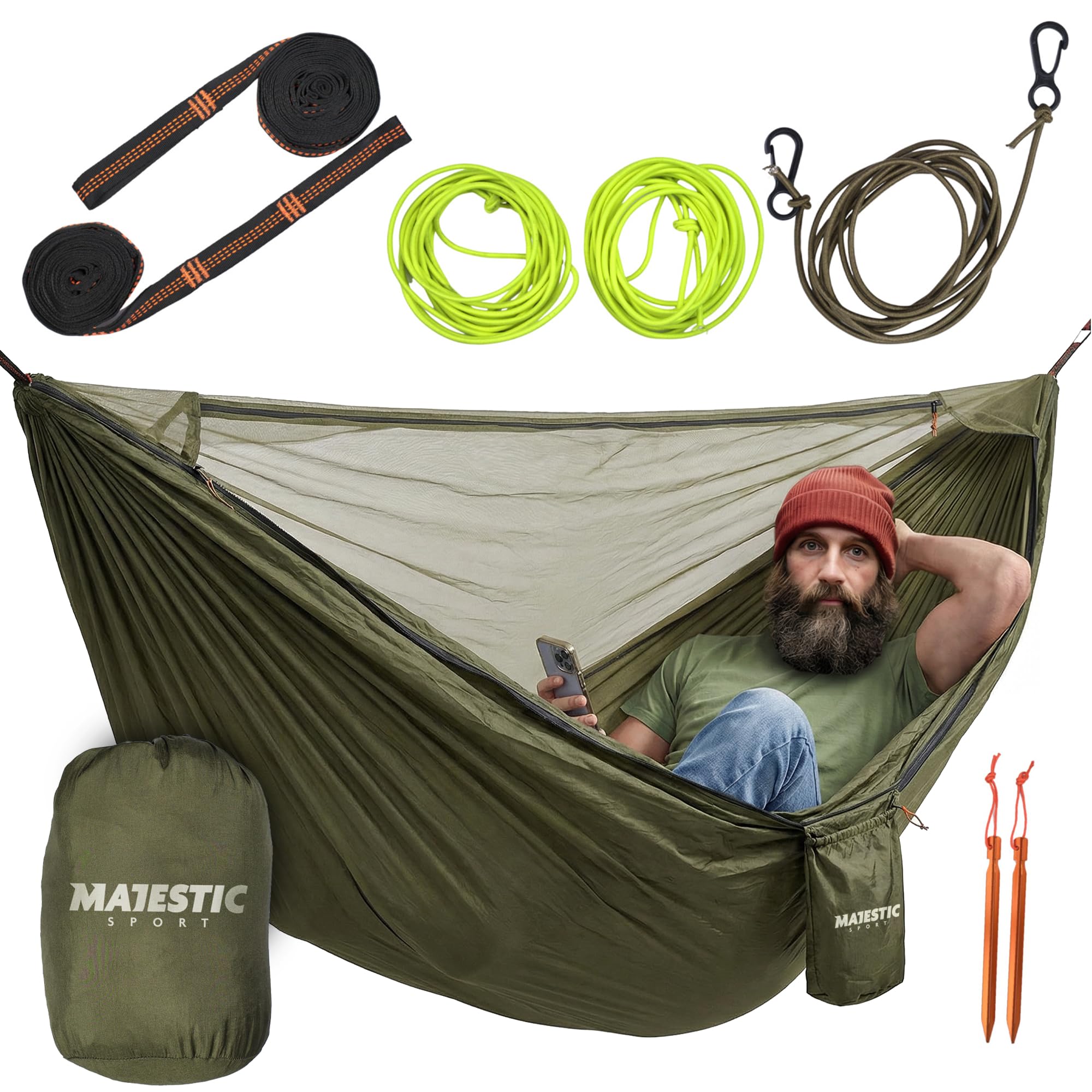 Hedera - Amaca con zanzariera leggera, portatile, per gite in montagna nei boschi, facile da montare, per campeggio, spiaggia, trekking, per esterni, 330 x 150 cm, 300 kg, colore: verde