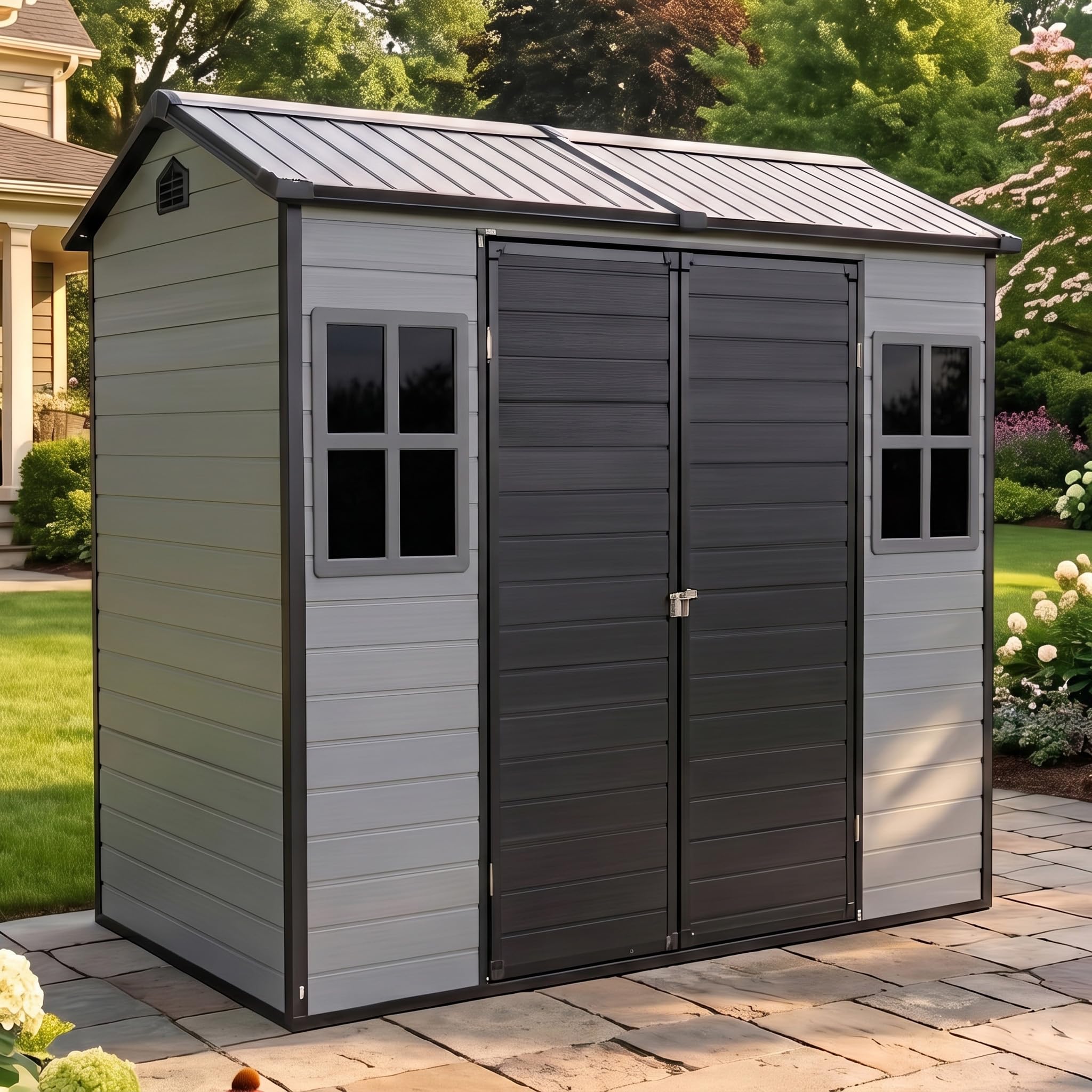 8x4 FT Resin Shed with Floor, Lockable Door, 2 Window, Black+Gray