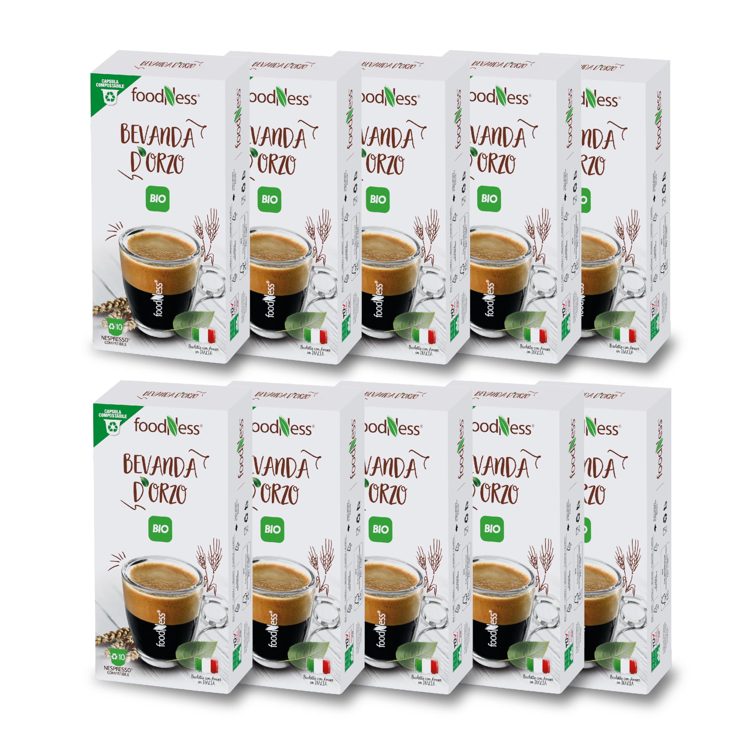 foodNess - 10 Box da 10 Capsule di Bevanda d'Orzo BIO, Capsule Compatibili con Sistema Nespresso, Bevanda Naturalmente senza Caffeina, Lattosio, Grassi Idrogenati e Zuccheri Aggiunti