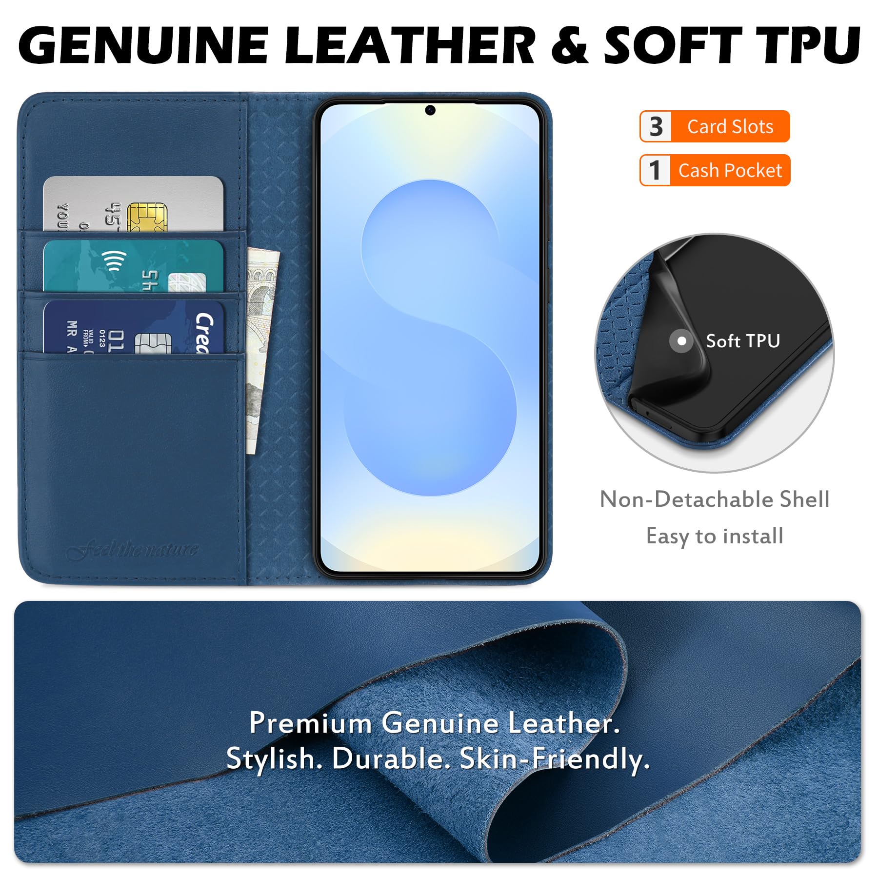 SHIELDON Etui portfelowe na telefon Galaxy S25 5G, etui z klapką z prawdziwej skóry [etui na karty] [podpórka] [blokada RFID] [wewnętrzna powłoka TPU] magnetyczne, odporne na wstrząsy, kompatybilne z