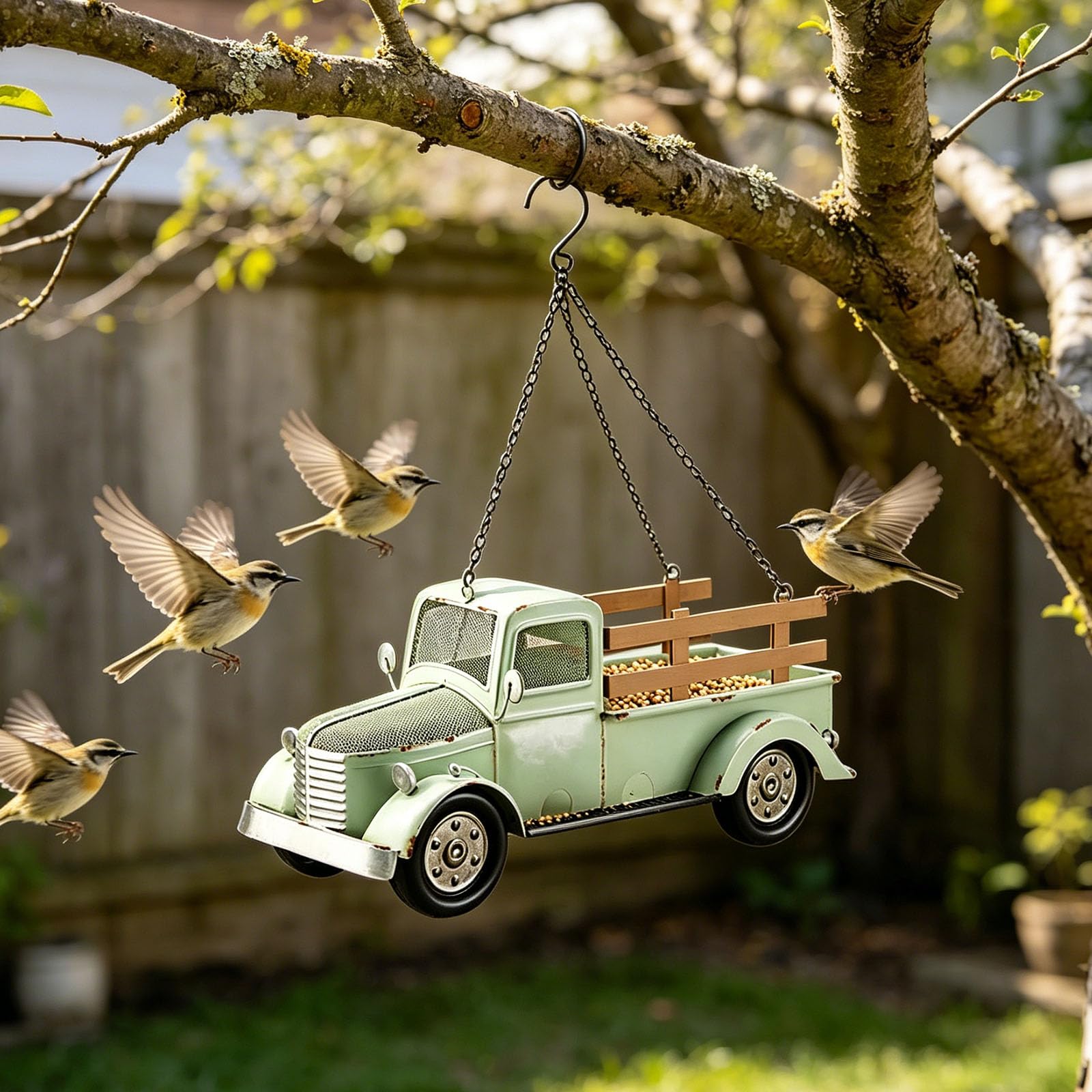 Mangiatoie per uccelli sospese con catena design retrò camion, per giardino e esterno