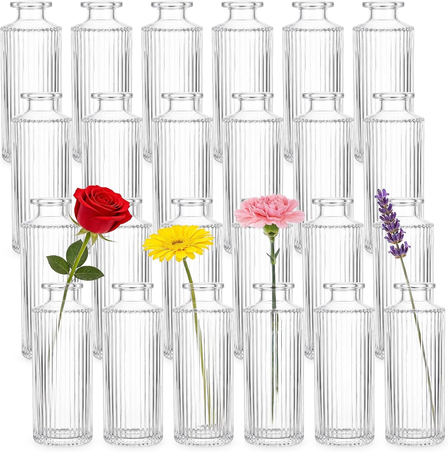 WUWEOT 24 Pcs Glass Bud Vases Set, Small Vintage Ribbed Bud Vase in Bulk Decorative Vases Clear Mini Flower Vase for Centerpiece, Table Decorations, Wedding Reception, Home Decor, and Events