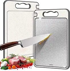 LUMAI Tábua de Corte para Cozinha Dupla Face Aço Inoxidável e PP, Superfície Higiênica para Carnes, Frutas e Vegetais, Afiador Integrado, Canaletas Antirrespingo, Base Antiderrapante e Alça Ergonômica