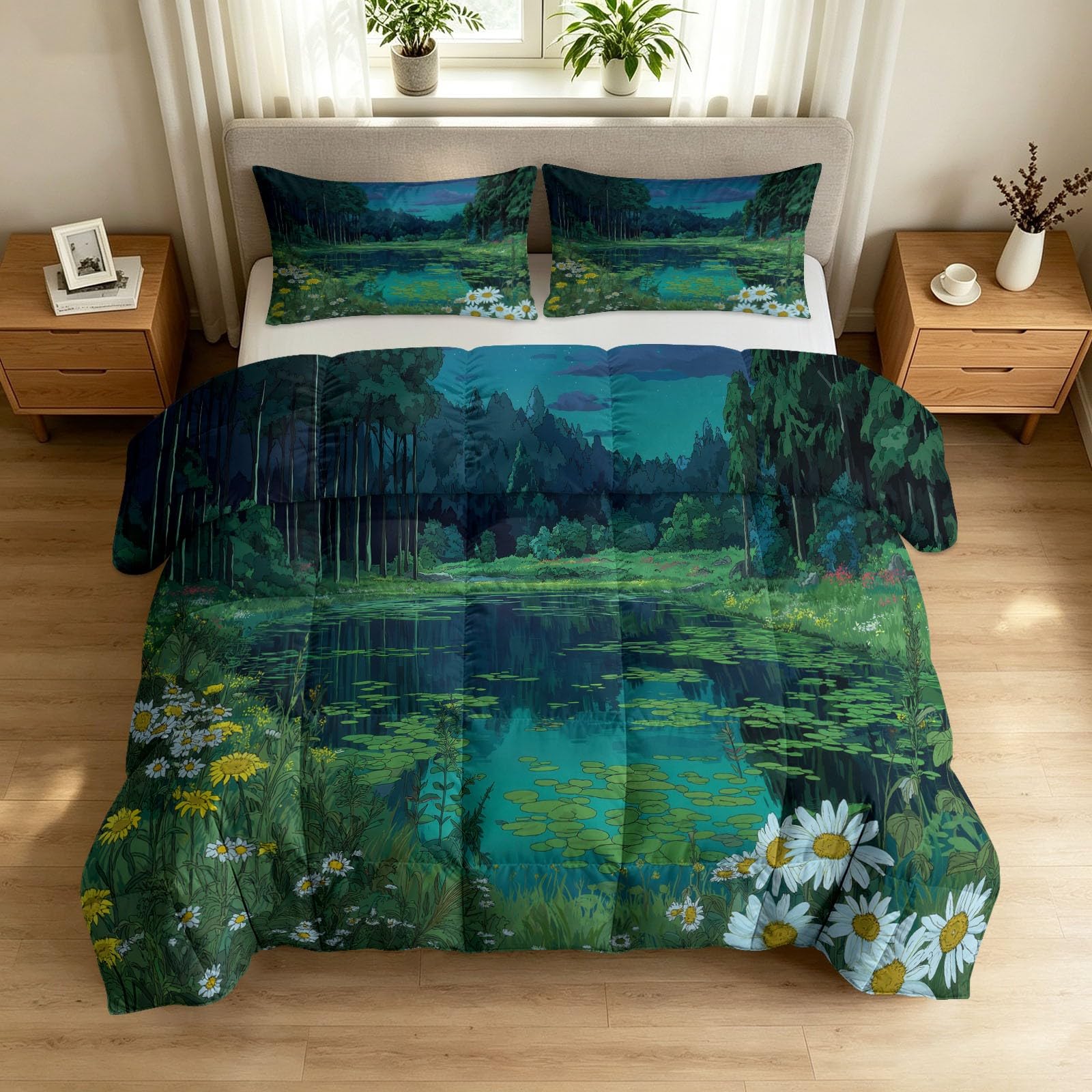 Couette 140x200 cm lit 1 personne en coton lavé imprimé manga vert