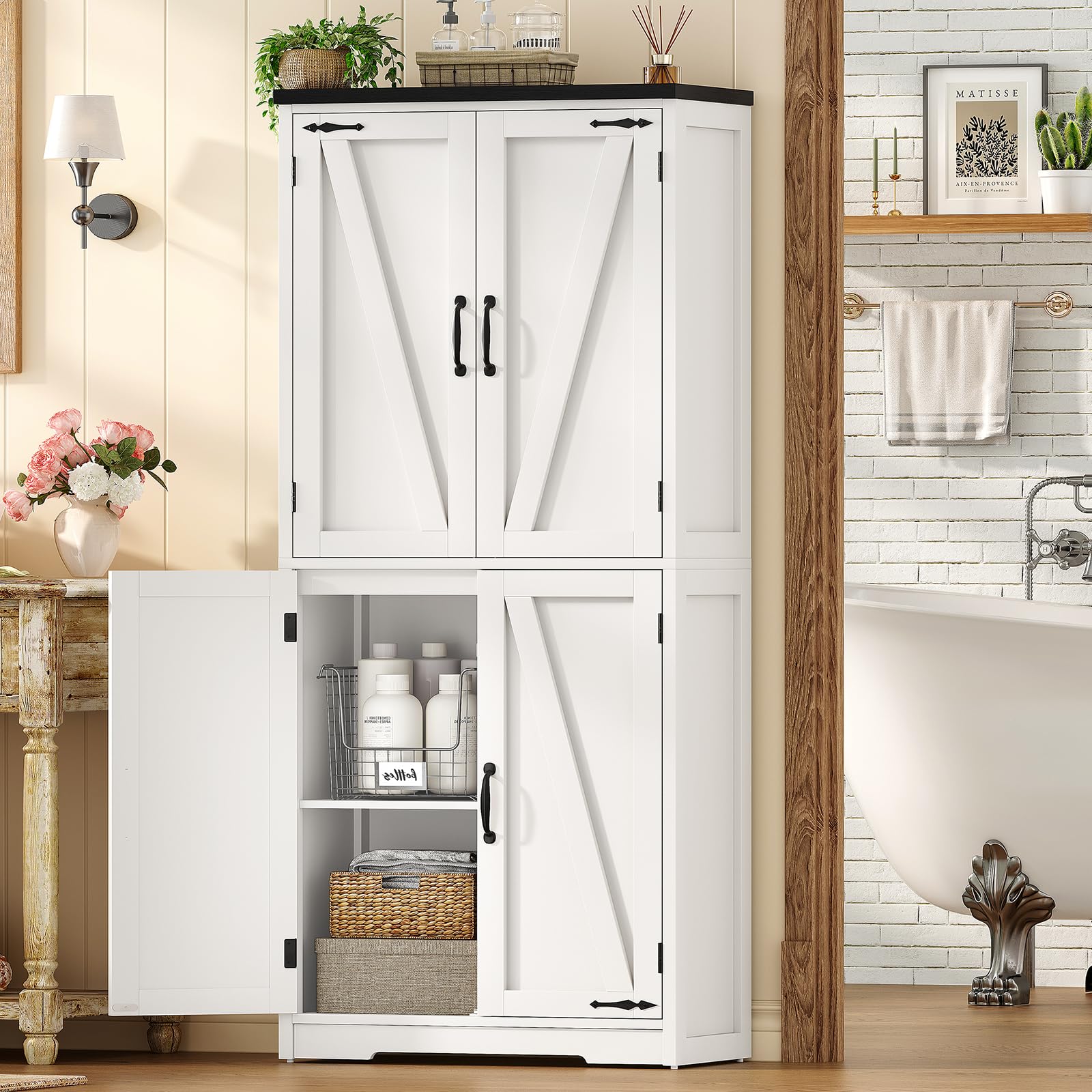 TEENFON Farmhouse Storage Cabinet with 2 Adjustable Shelves, Pantry Cabinet with 4 Barn Doors, Bathroom Cabinet, Cupboard for Kitchen, Living Room, Entryway, White - 2