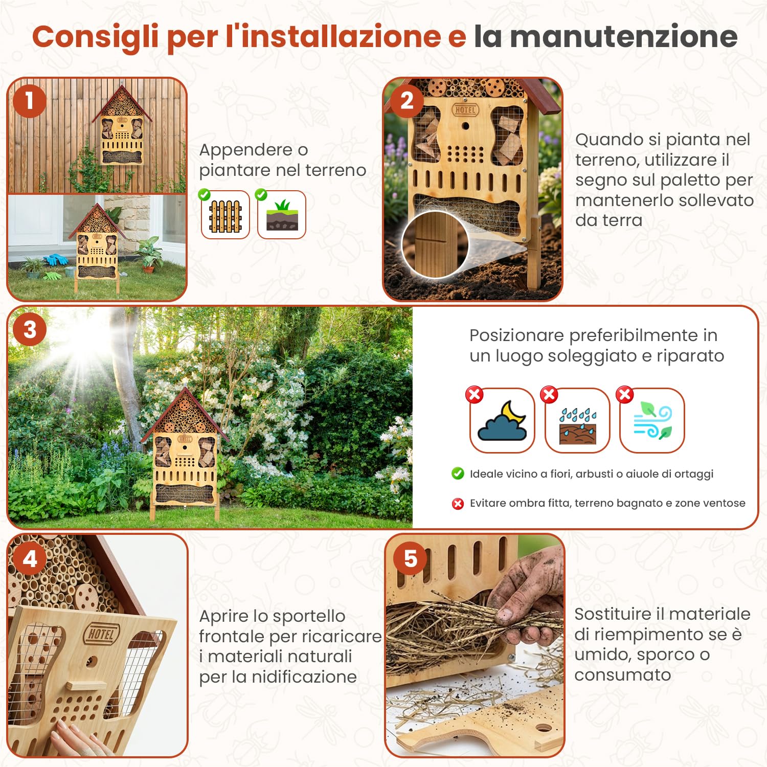 Hotel per insetti grande, resistente alle intemperie, XXL, in legno, con picchetto, da appendere o appoggiare, con piastra frontale rimovibile e piedini