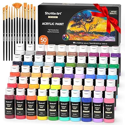 Shuttle Art Acrylic Paint, 50 Colors Acrylic Paint Set, 2oz/60ml Bottles, Rich Pigments, Water Proof, Premium for Artists, Beginners and Kids on Canvas Rocks Wood Ceramic Fabric