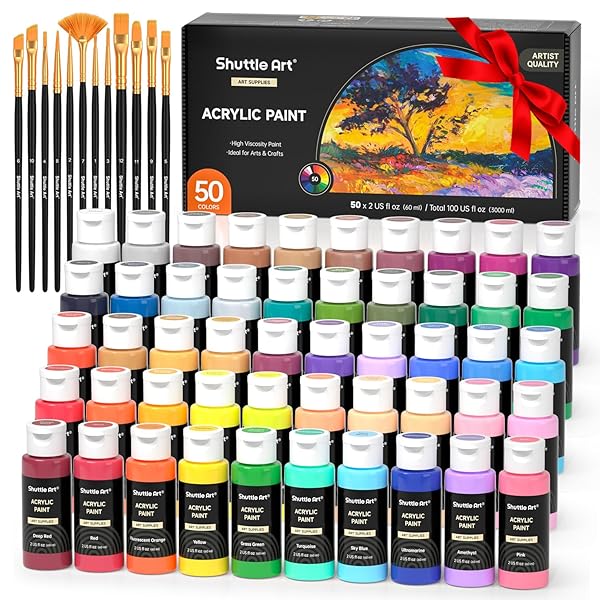 Shuttle Art Acrylic Paint, 50 Colors Acrylic Paint Set, 2oz/60ml Bottles, Rich Pigments, Water Proof, Premium for Artists, Beginners and Kids on Canvas Rocks Wood Ceramic Fabric