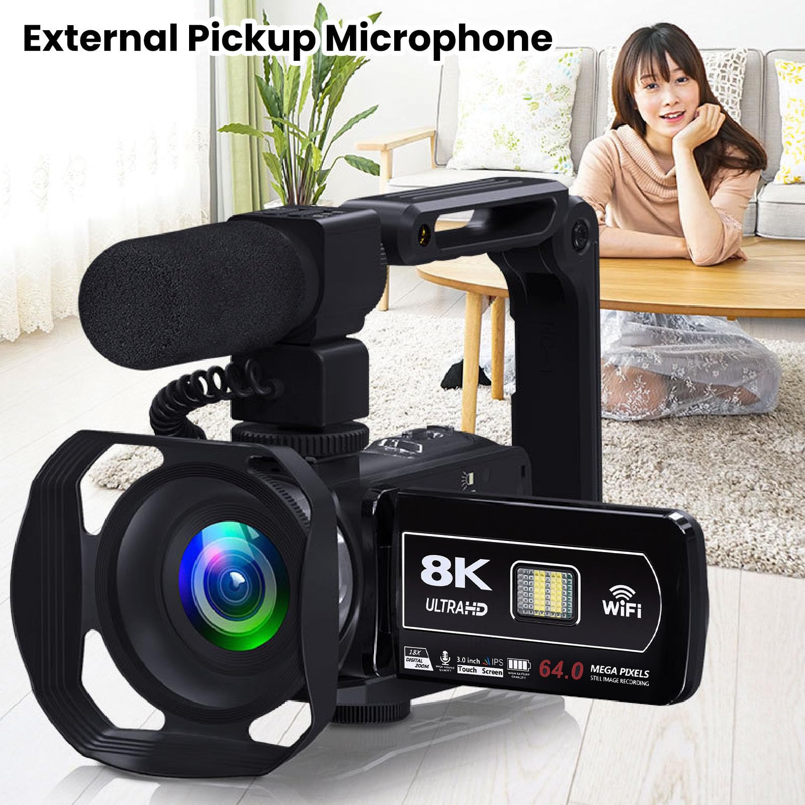 Videocámara con Cámara de Vídeo 8K, Zoom Digital de 18X, Pantalla Táctil de 3" con Visión Nocturna por Infrarrojos, Cámara Vlogging de 64MP, CámaraWeb WiFi, Control Remoto, Batería