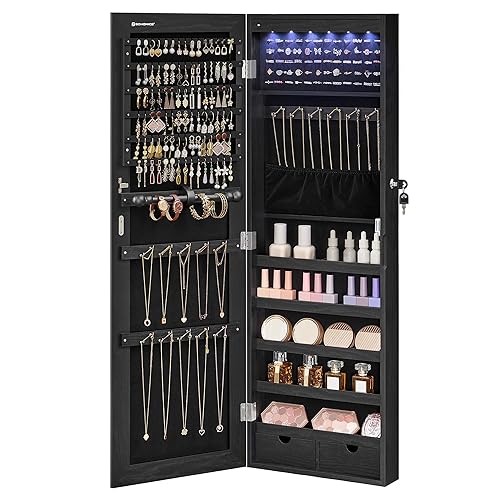 SONGMICS Hanging Jewelry Cabinet, Wall-Mounted Cabinet with LED Interior Lights, Door-Mounted Jewelry Organizer, Full-Length Mirror, Gift Idea, Ink Black UJJC099B01 - 42-Inch with LED Lights - Ink Black