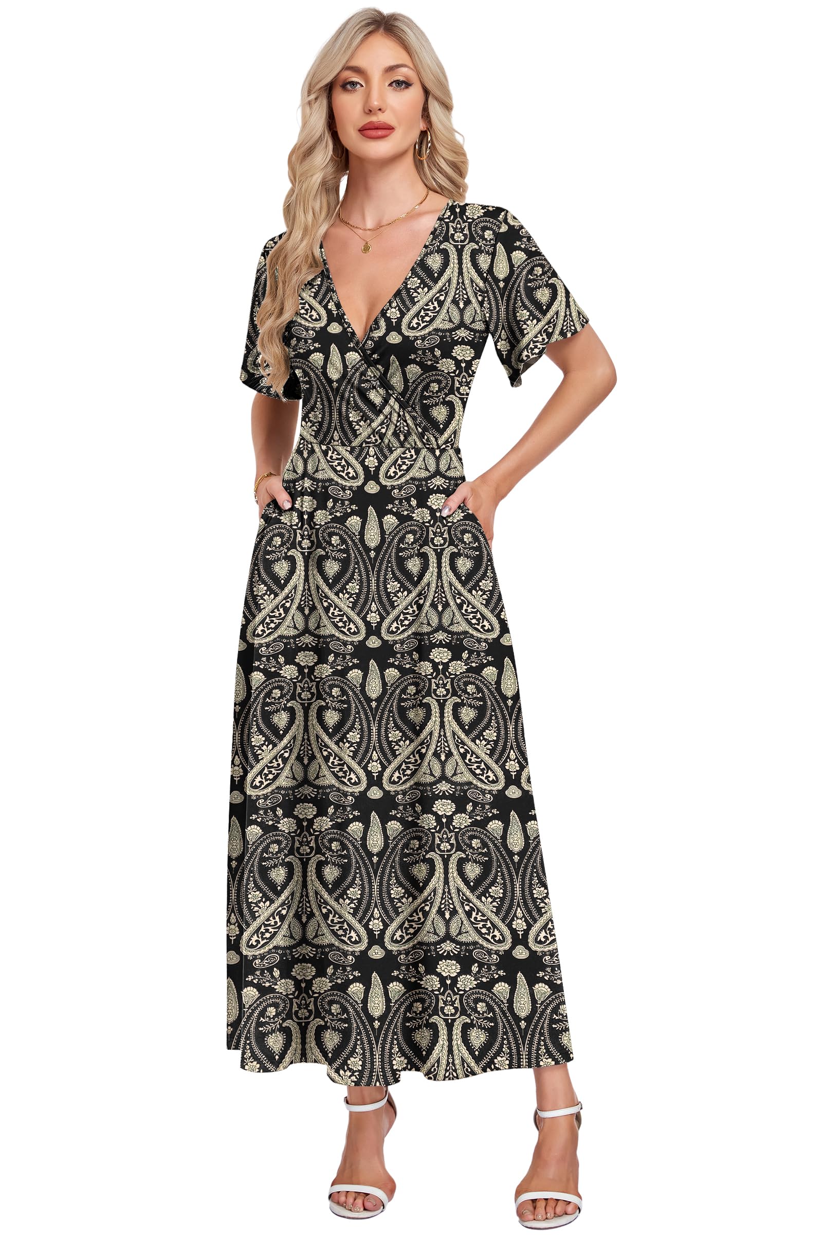 AUSELILY Abito Lungo da Donna Italia, Abito Elegante a Maniche Corte a Collo a V, Abito Estivo con Tasche