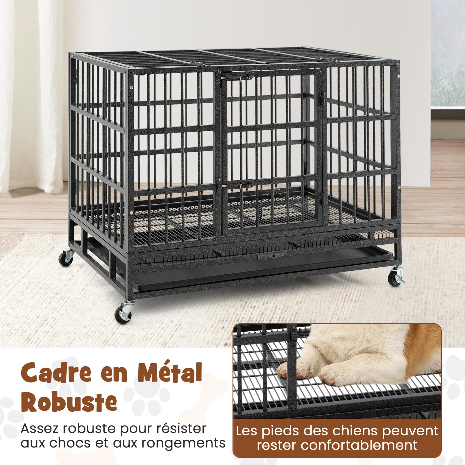 GOPLUS Cage pour Chien Pliable en Métal avec 4 Roues Universelles, 96 x 65 x 77CM, Chenil pour Chien Extérieur avec Double Portes Verrouillables, Plateau Coulissant Amovible, pour Intérieur Extérieur