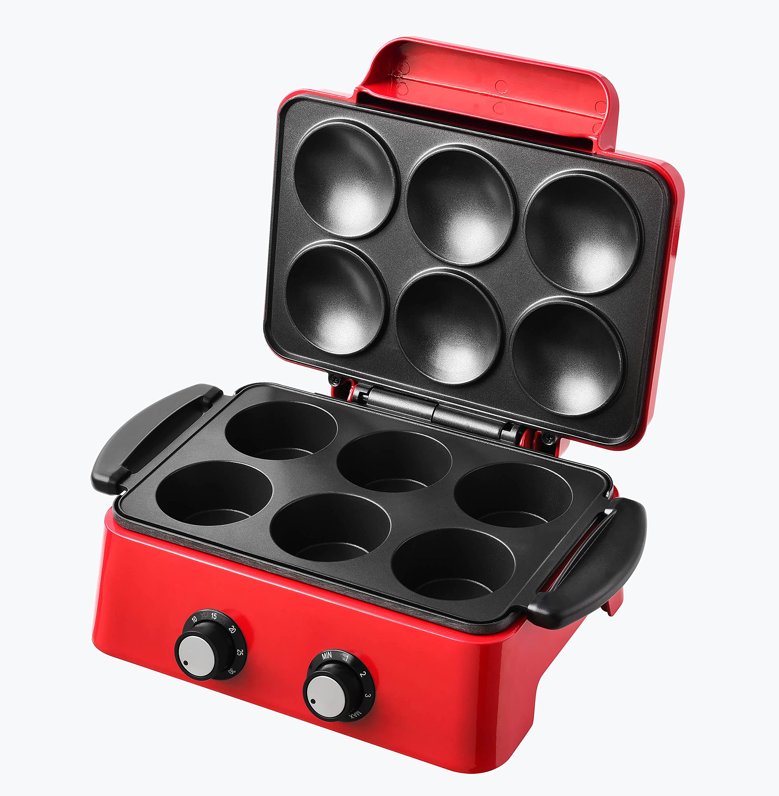Kalorik TKG LCM 1002 RD Lavakuchen-Bäcker, für bis zu 6 Küchlein, regelbares Thermostat, manueller Timer, inkl. Muffin-Backeinsatz, 900 Watt, Rot/Schwarz