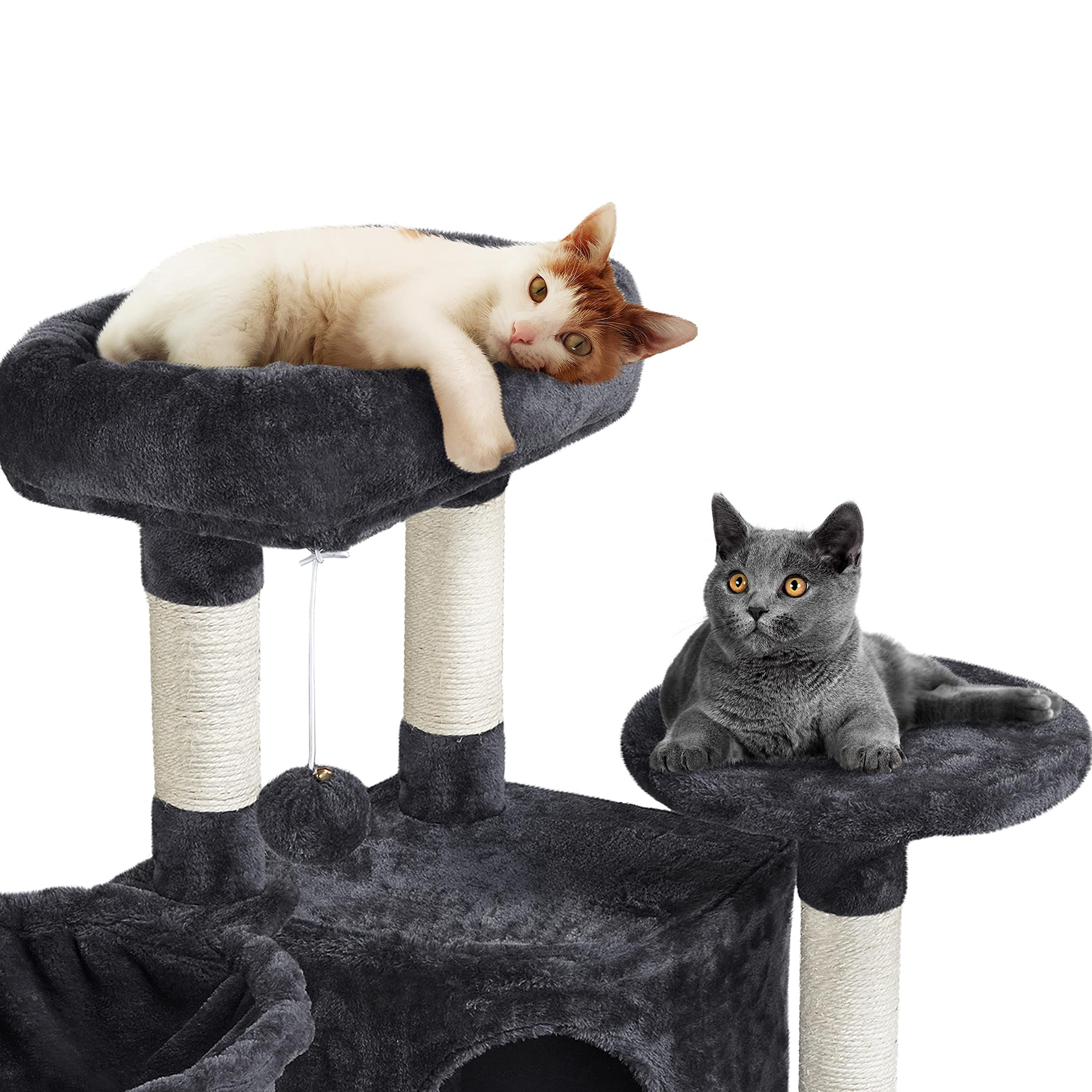 Yaheetech Árbol Rascador para Gatos Altura 106 cm Torre de Gatos Negro | Rampa de sisal, Correa antivuelco, postes cuerda de sisal, Bola colgante sustituible, Condominio grande, cesta acogedora