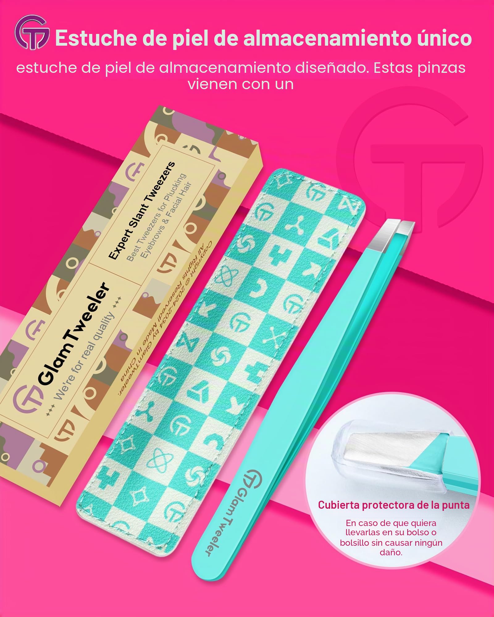 GlamTweeler Expert - Pinzas de depilación de cejas con funda de cuero, punta inclinada de alta precisión, pinzas de acero inoxidable para hombres y mujeres (color azul huevo de Robin)