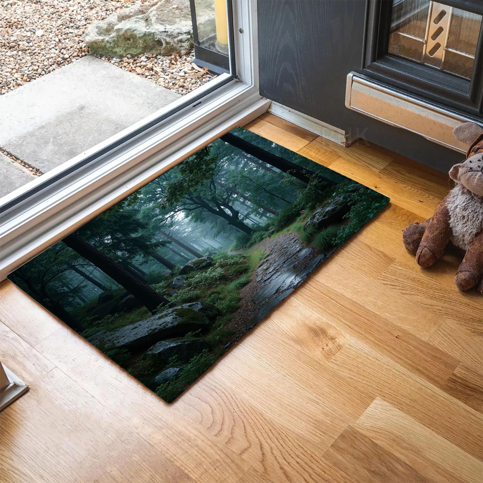 Tapis de porte d'entrée lavable et antidérapant forêt brumeuse