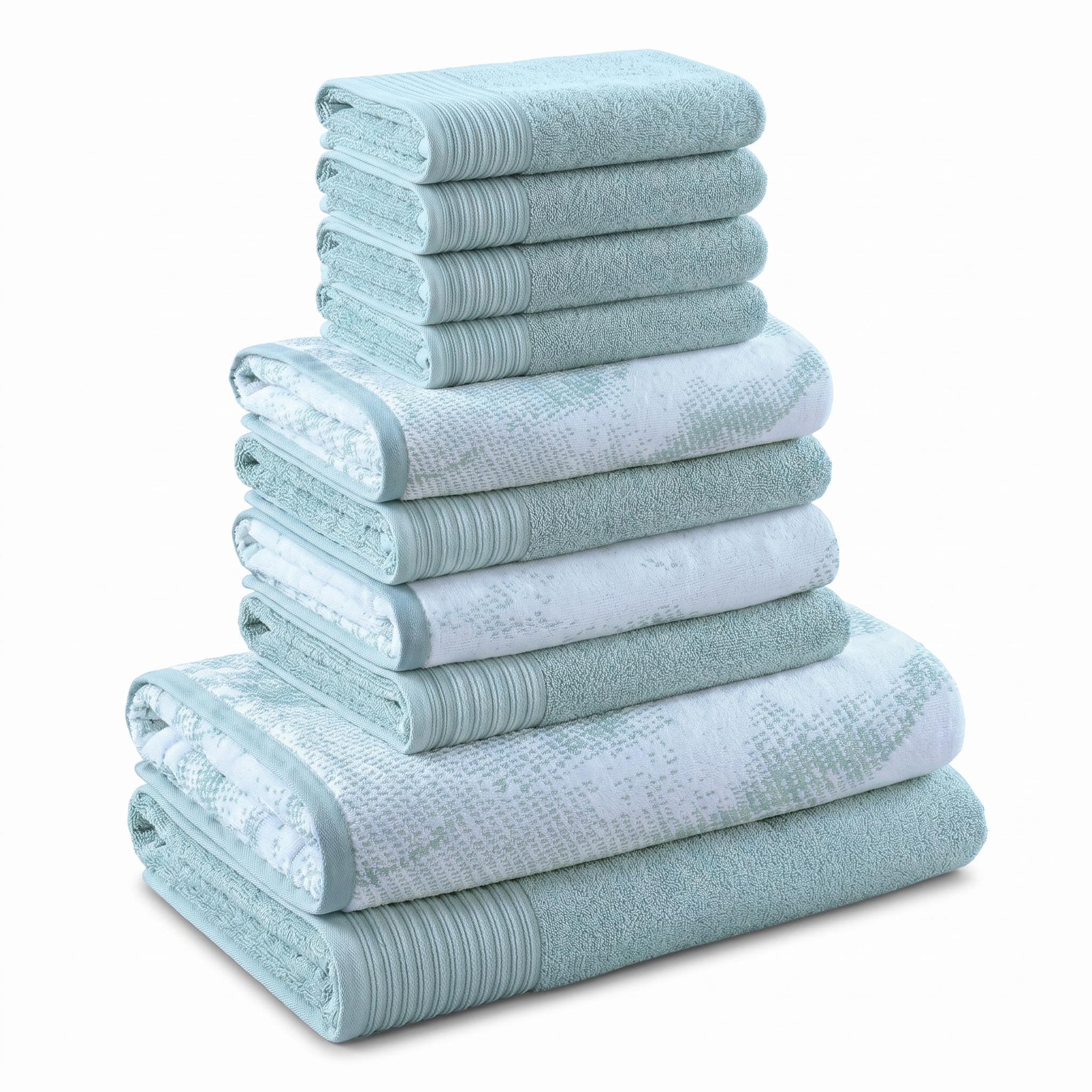 Superior Cotton 10 Piece Assorted Solid and Marble Towel Set, Includes 2 Bath, 4 Hand, 4 Washcloths/Face Towels, Soft, Absorbent, Decorative Bathroom Accessories, Home Essentials, Cyan