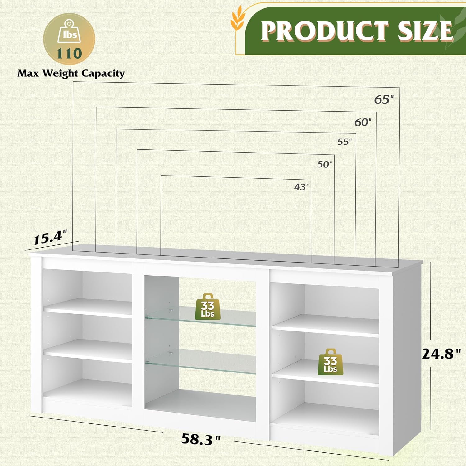 Diagram showing the dimensions of the TV stand: 58.3 inches length, 15.4 inches width, 24.8 inches height, and a maximum weight capacity of 110 lbs.