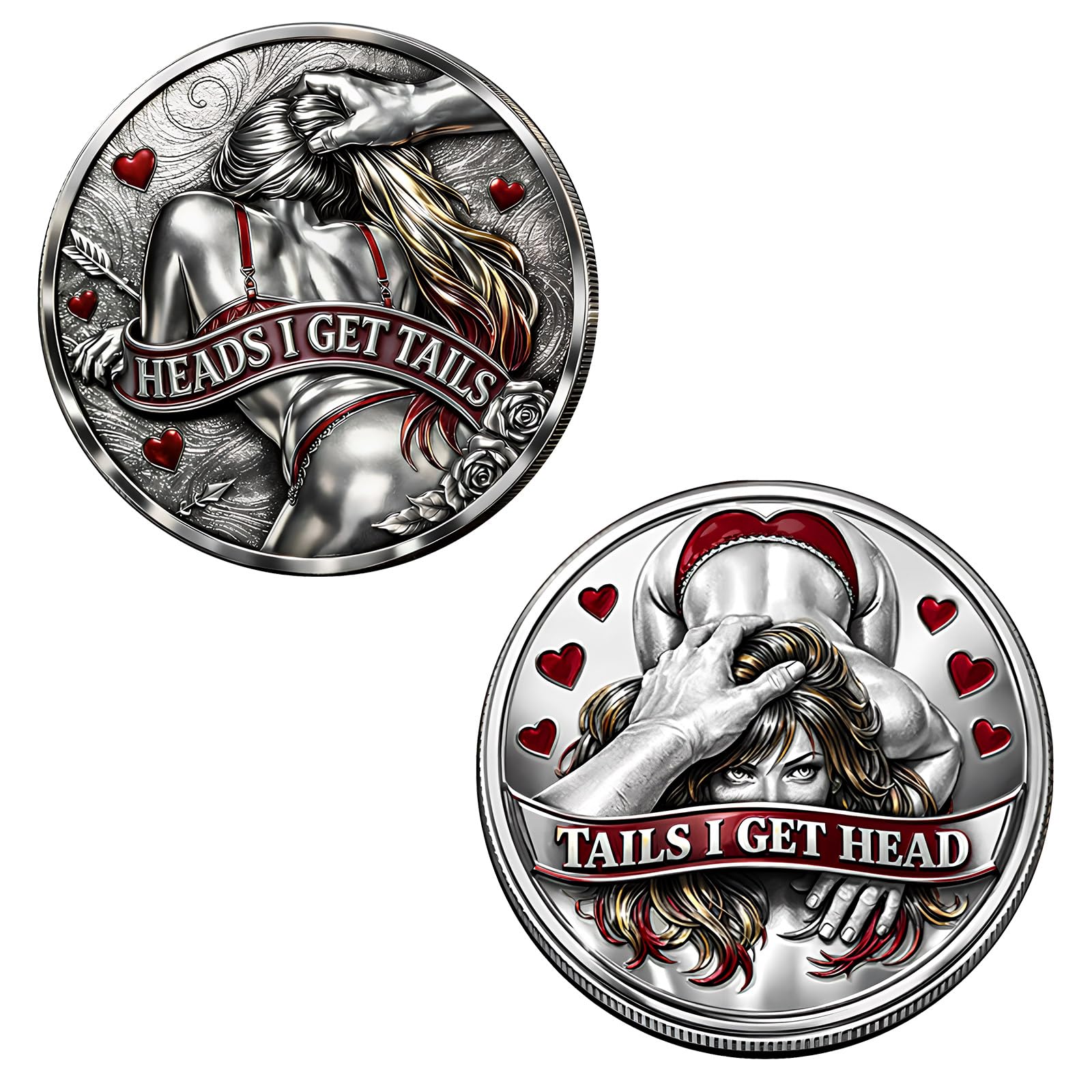 3D Sex Games Coin, Funny Heads Tails Coin - Heads I Get Tail Tails I Get Head, Couple Challenge Tokens - Naughty Date Gift for Adults Him Her (silver) — image 1