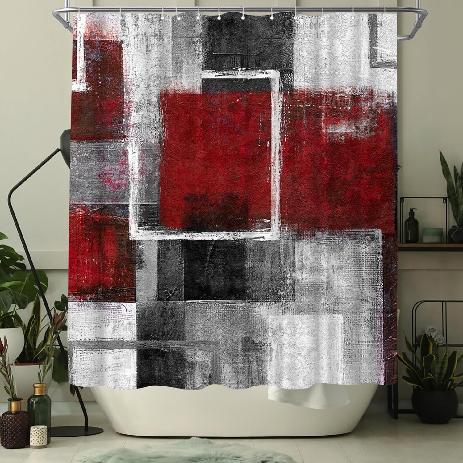 WELMECO Abstract Red Shower Curtain Geometric Shower Curtain Bathroom Decor Polyester Fabric 72x72inch (Red)