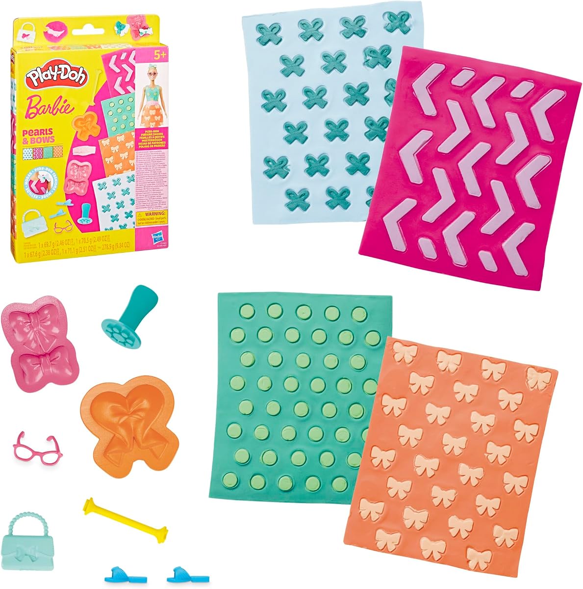 Paquete de accesorios de perlas y arcos de Barbie, 4 hojas de patrones de recambio de compuesto de modelado, 8 accesorios de moda, manualidades infantiles para mayores de 5años
