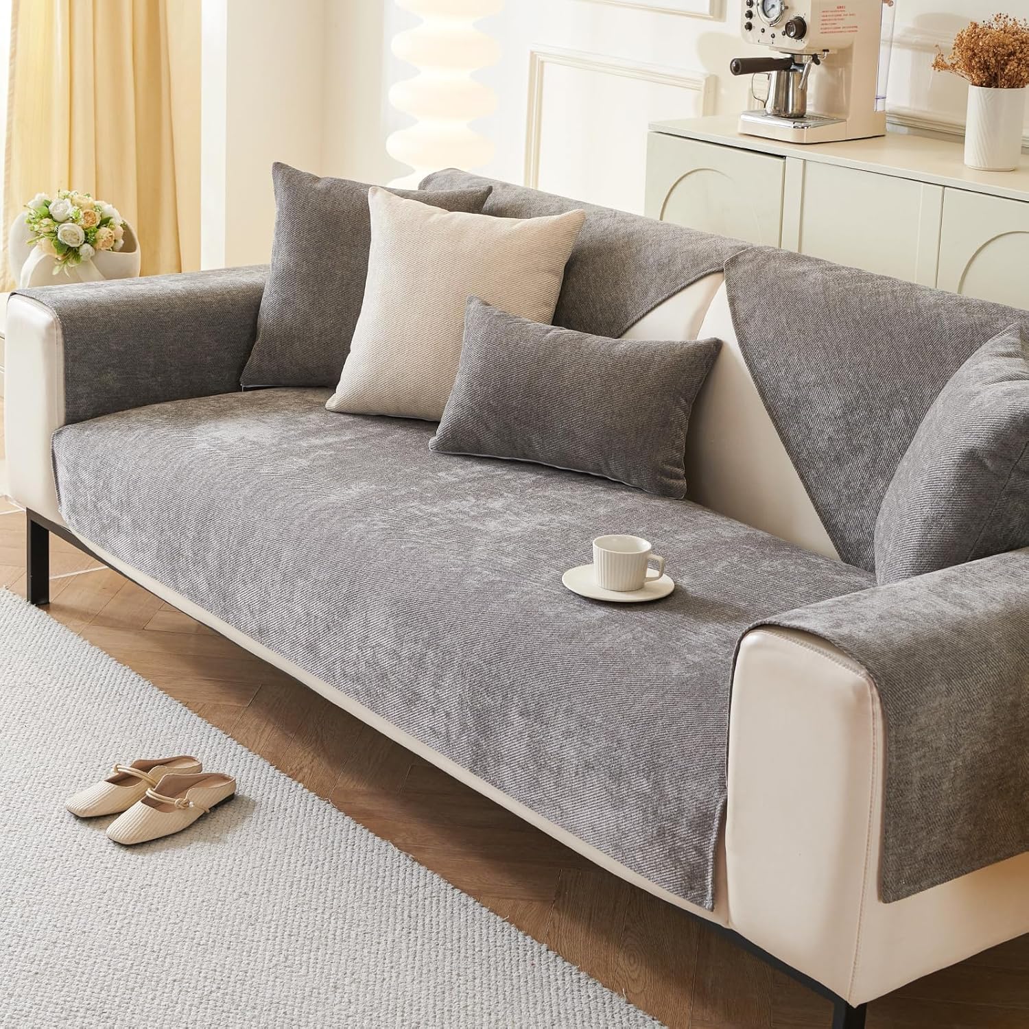 Plush Sofa Cover Washable, Non-Slip Couch Covers, Pet Friendly Couch Mats, Soft Chenille Sofa Covers for Living Room(Dark Gray/28"x28"/Armrest or Backrest Cover) 1PC/28"x28"/Armrest or Backrest Cover Dark Grey