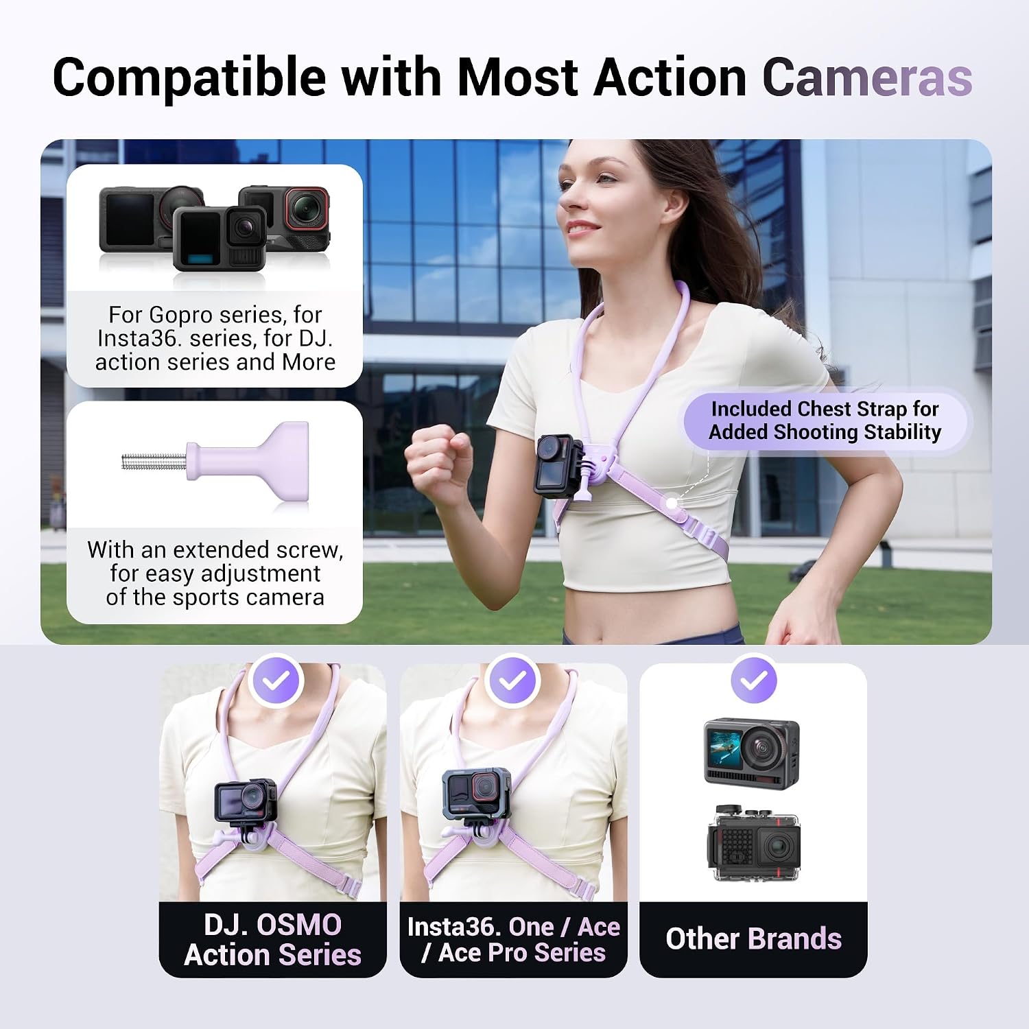 JJC Magnetic POV Neck Mount with Fixing Chest Strap for DJI Osmo Nano Action 6 5 pro 4 3, Ergonomic Quick Release Necklace Holder for GoPro Hero 13 12 11 10 9 8, for Insta360 Ace Pro 2, Purple