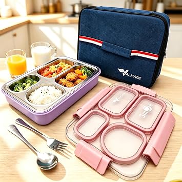 Valkyrie 304 Paslanmaz Çelik 4 Bölmeli Pembe Lunch Box Termal Çantalı – Sızdırmaz Beslenme Kabı, Çatal Kaşık Dahil