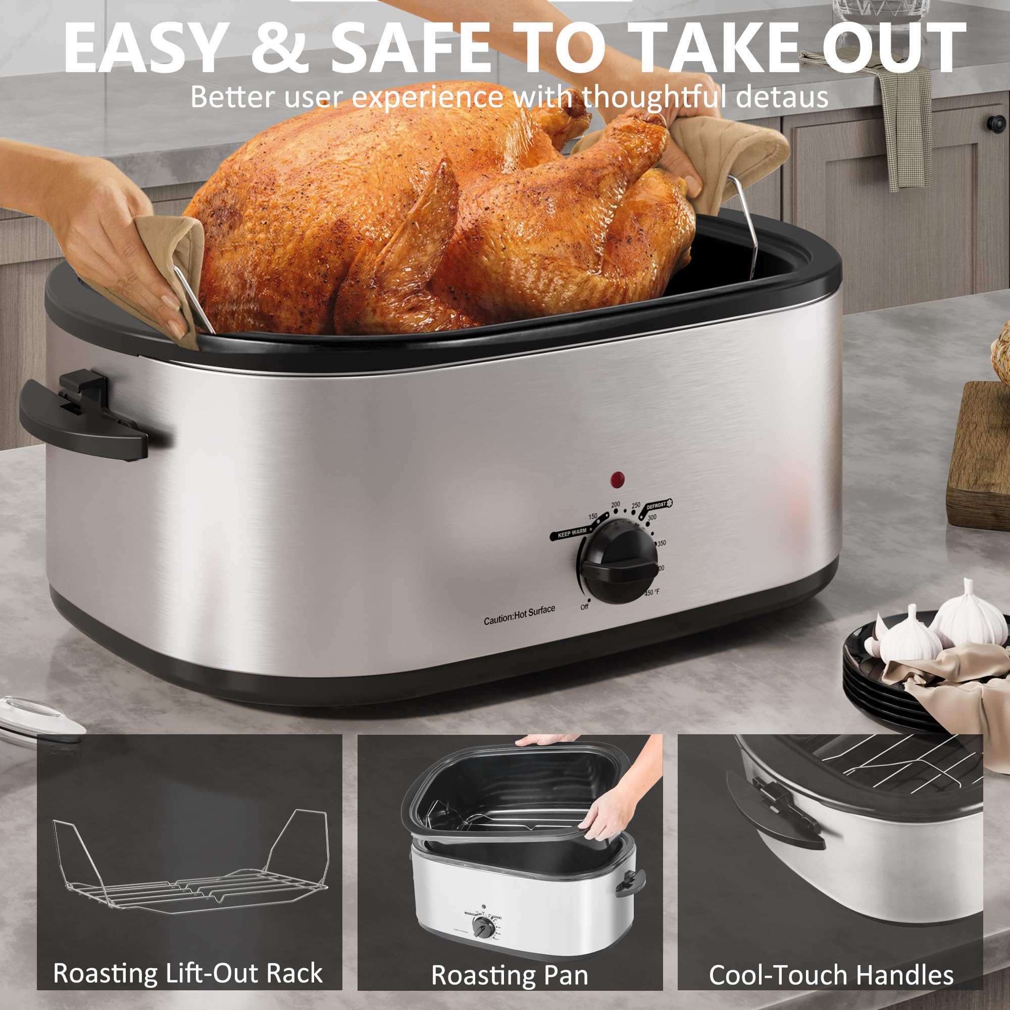 Roaster Oven 28 Quart, Electric Turkey Roaster with Self-Basting Lid, Removable Pan & Rack, Variable Temp Control, Stainless Steel Silver