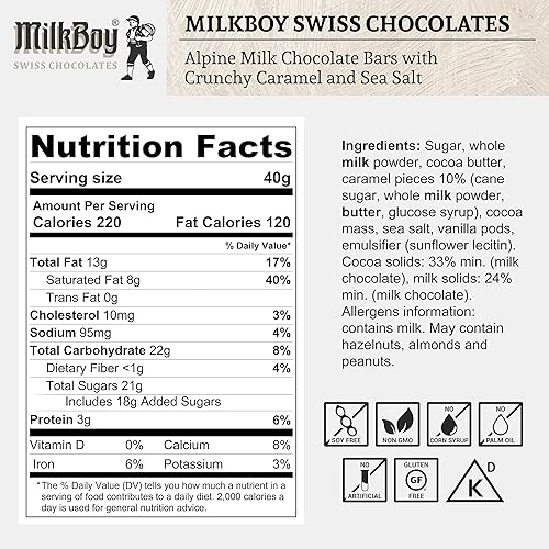 Miniatura 7 de Milkboy - Caramelo salado de chocolate con leche suiza barras de chocolate con leche alpina con sal marina de caramelo crujiente sin gluten sin OMG